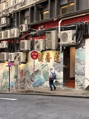 Man walks past mural with air conditioners above