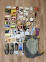 Various items laid out with a backpack and shoes.