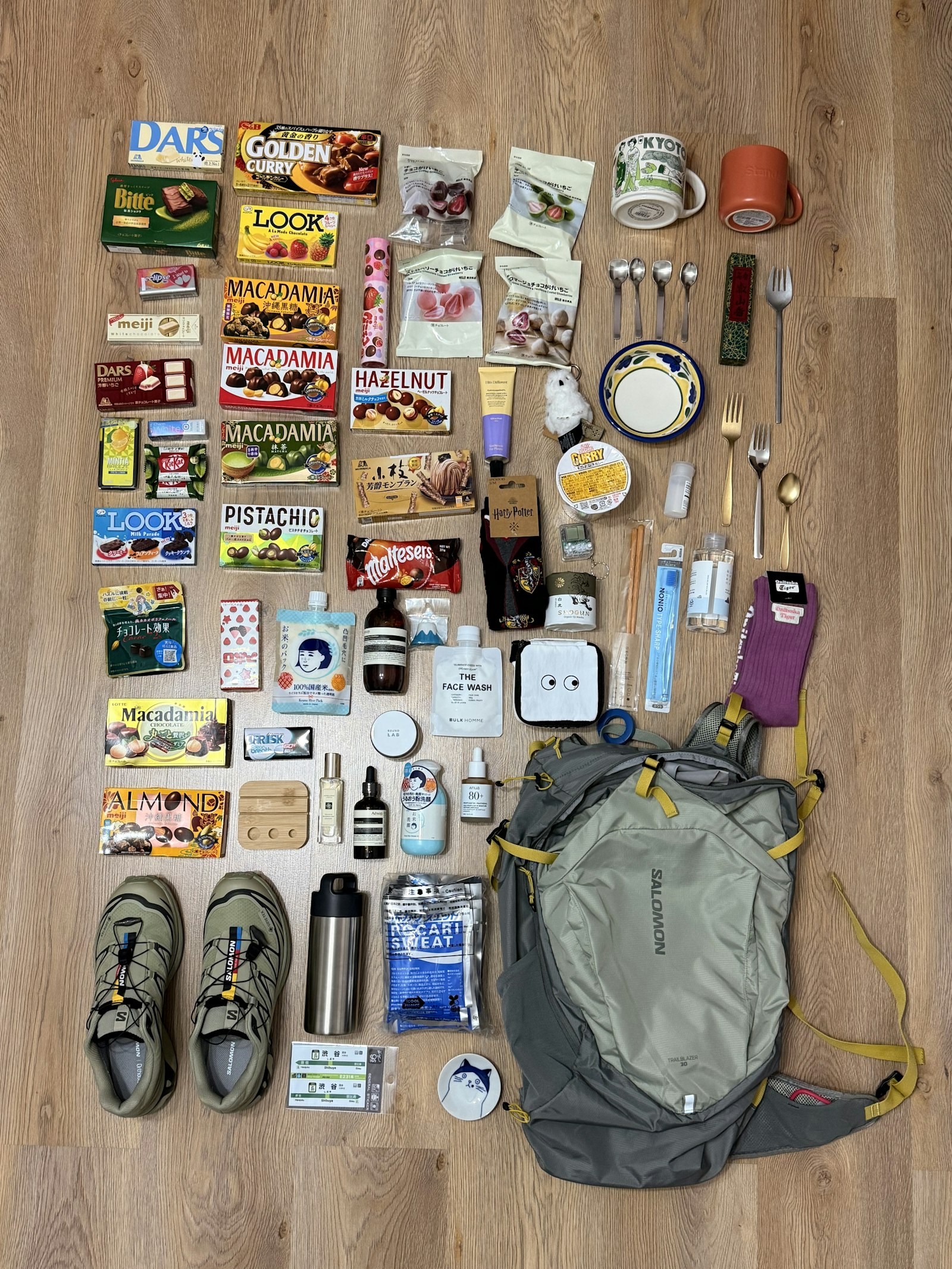 Emergency supplies laid out flat around a backpack