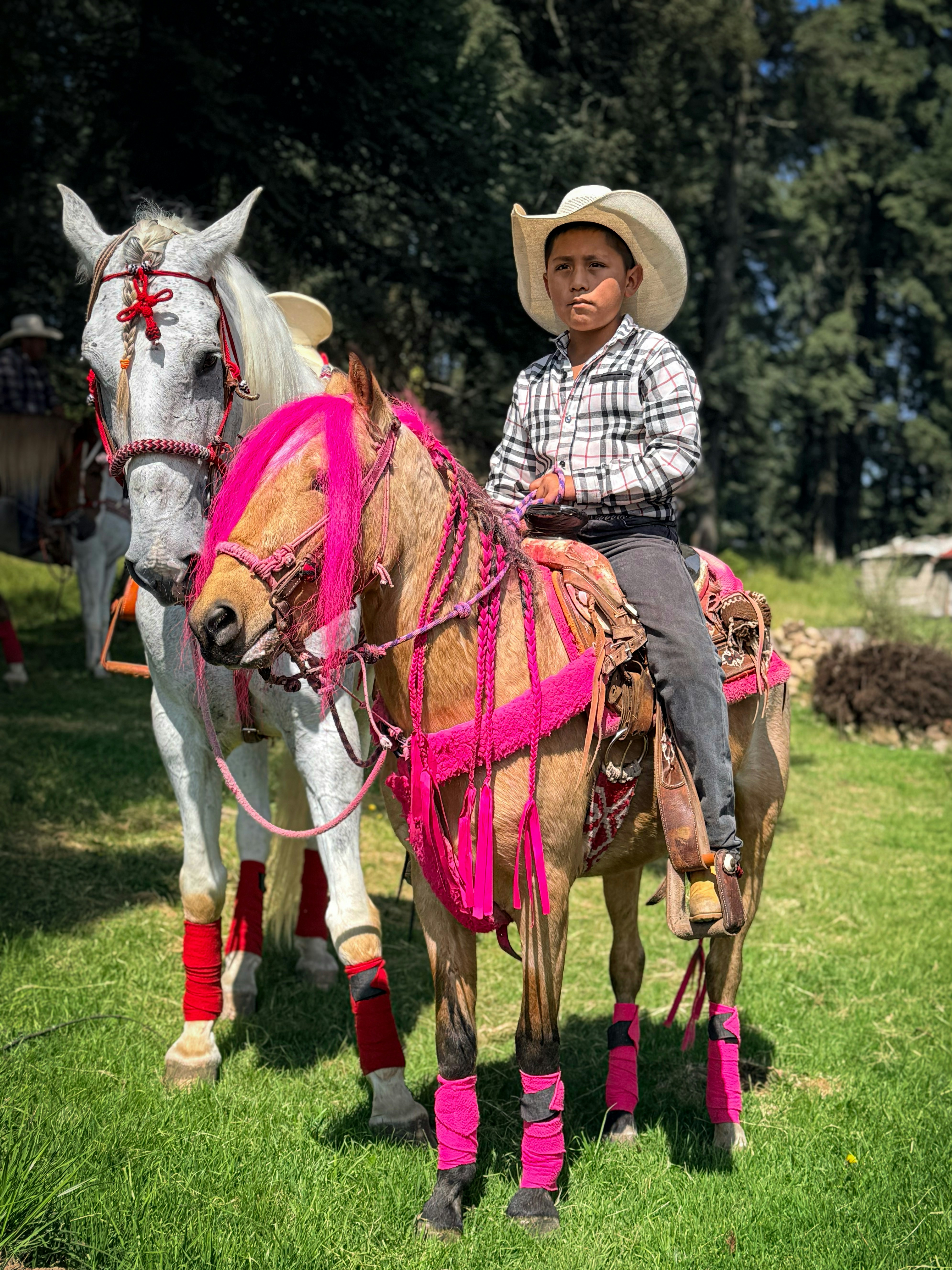 Young boy in cowboy hat rides decorated horse