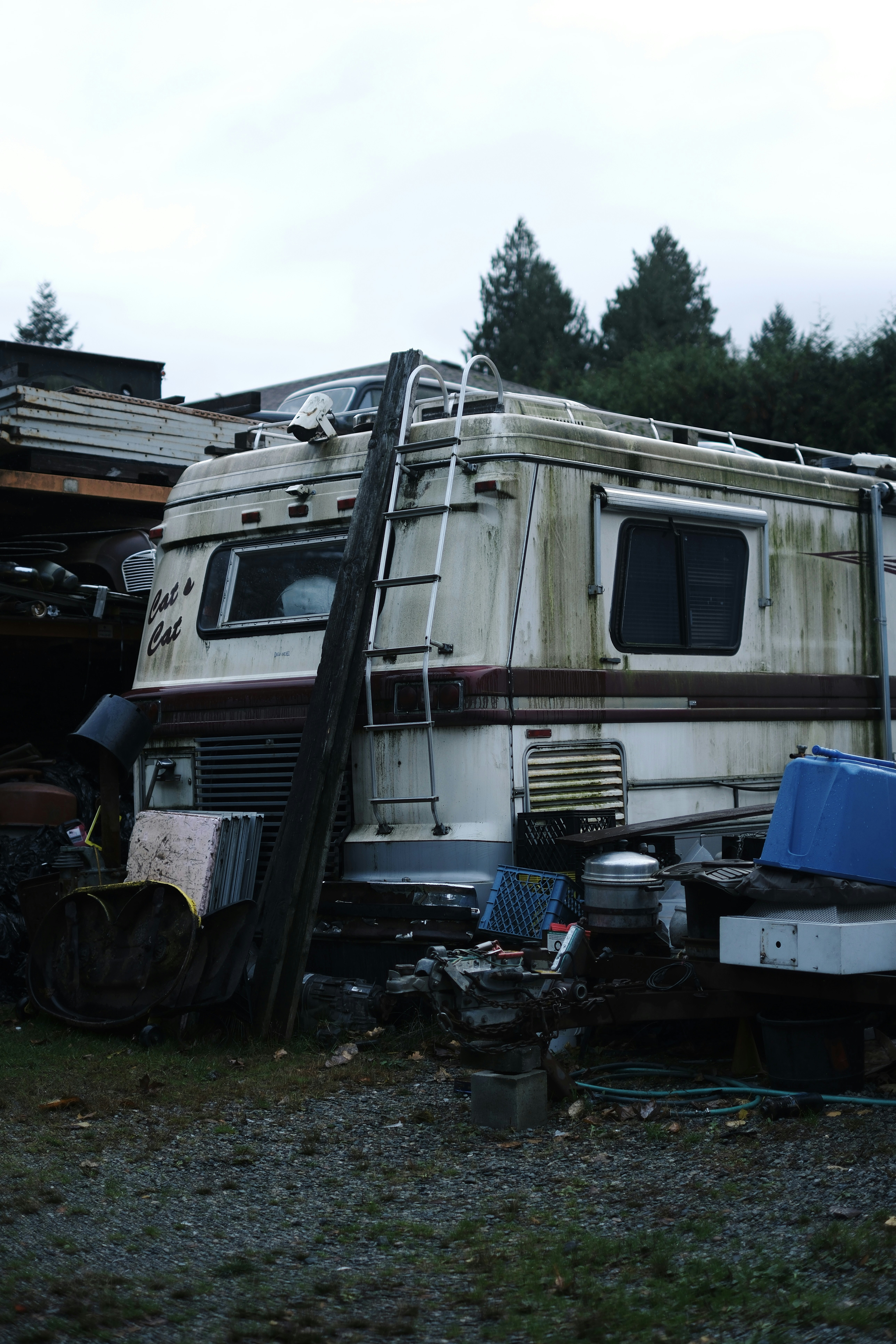 Old rv in a junkyard with trees inoperable vehicles