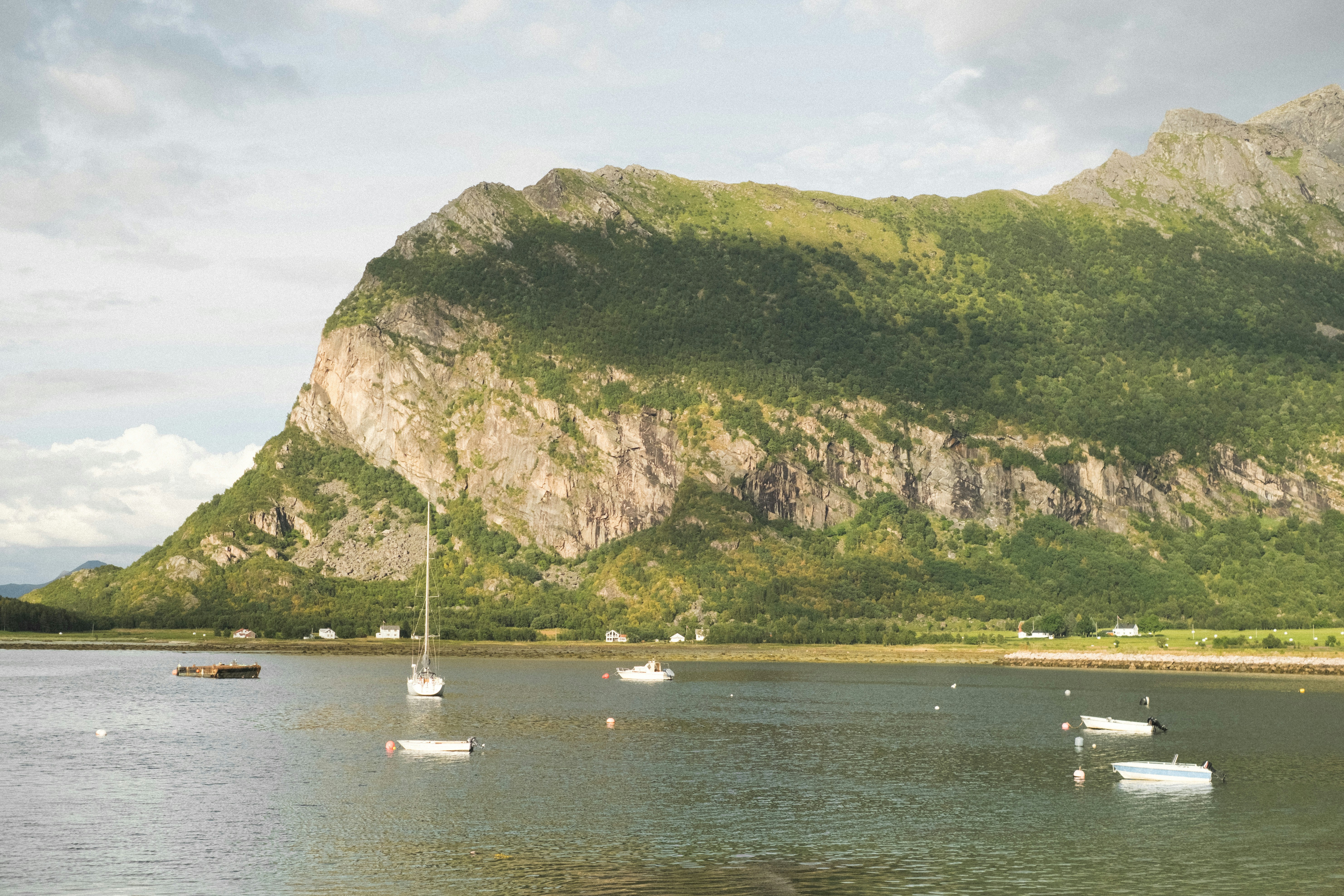 Sailboats float on calm water near a green mountain.