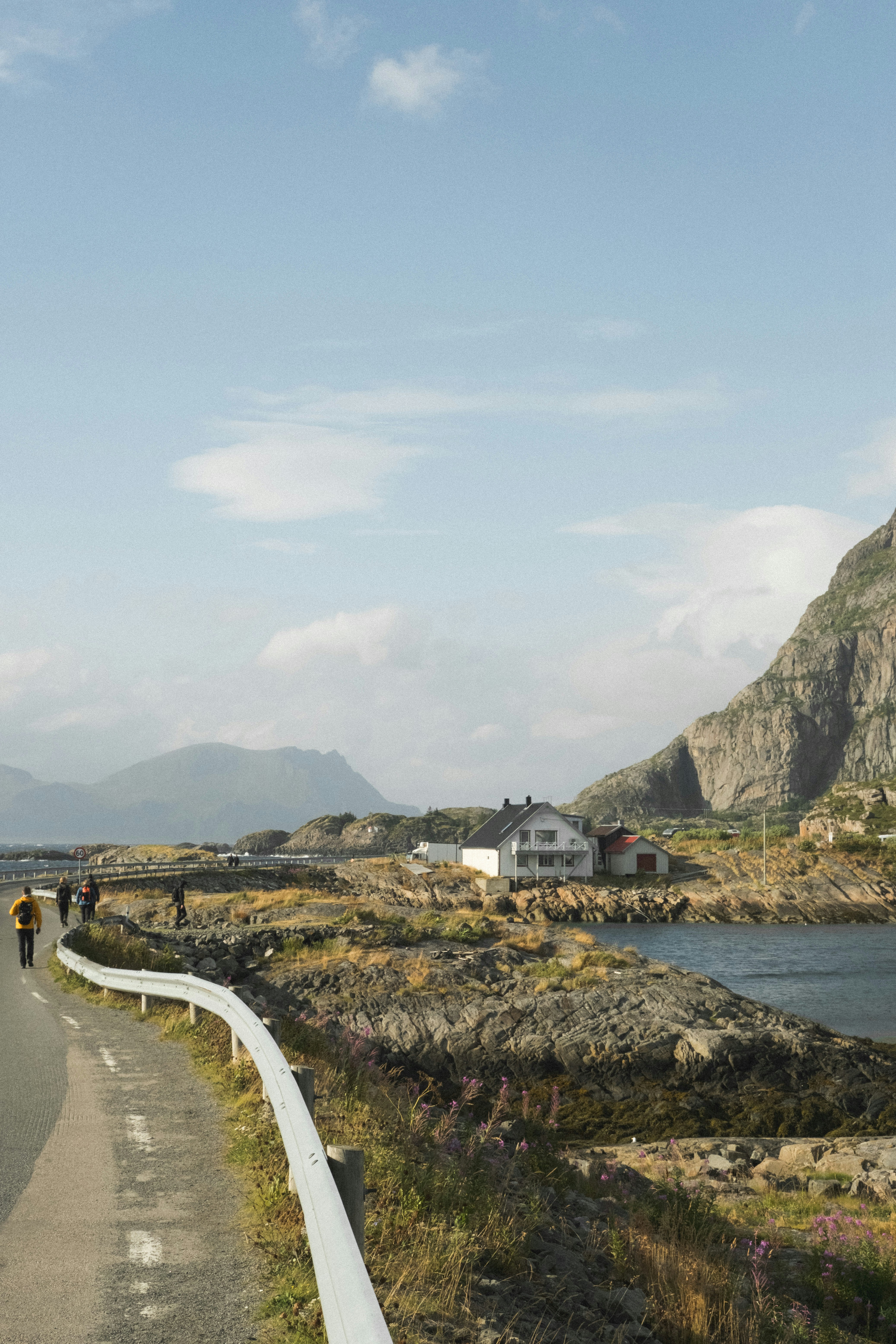 Coastal road with houses and mountains under a mountain.