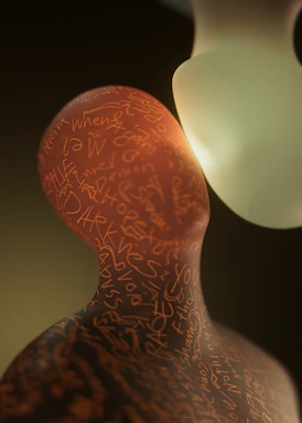 Sculptures with text patterns interacting