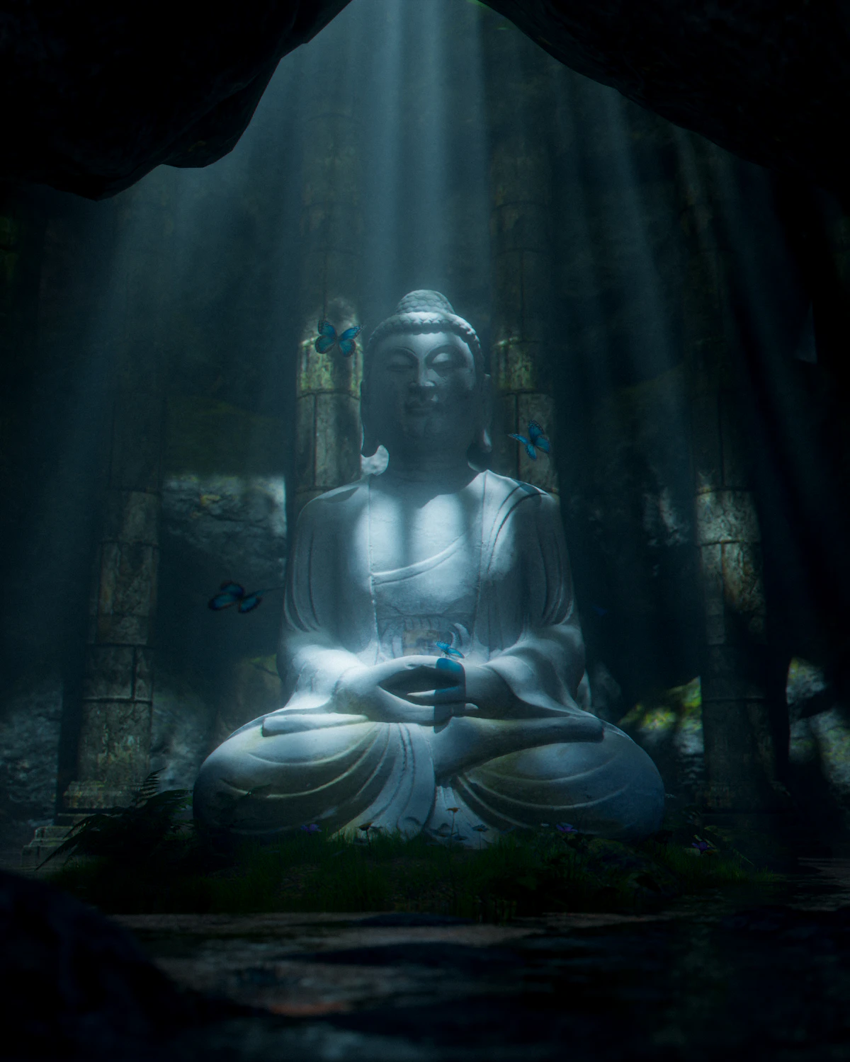 Serene Buddha statue bathed in mystical light — Zen, Buddhism, mindfulness