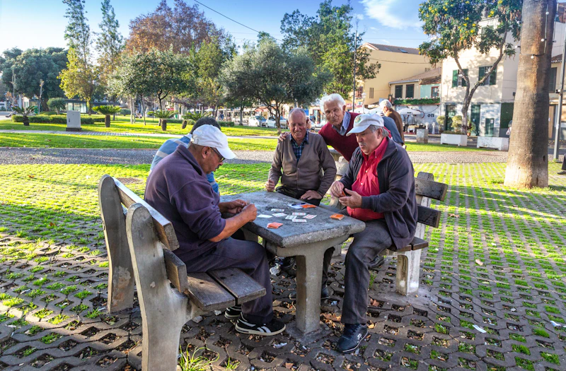 seniors playing cards together at a park table