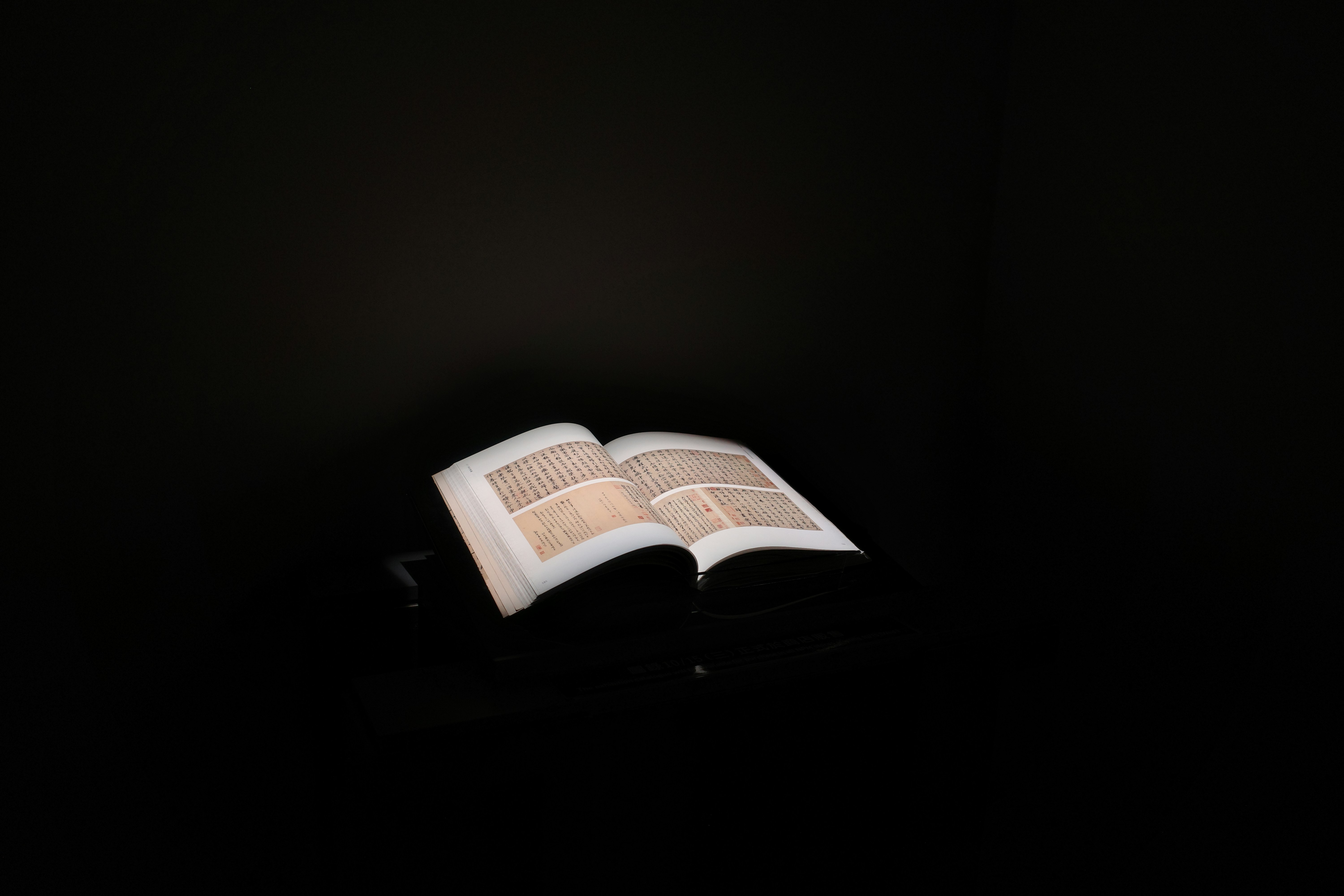 An open book illuminated against a dark background.