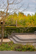 Curved stone steps lead to a paved patio area.