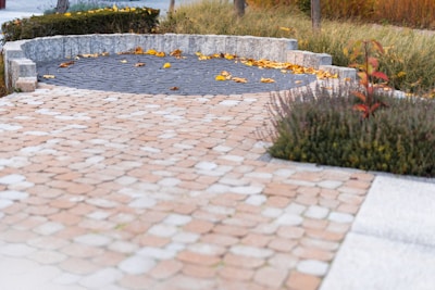 Paved walkway with stone seating area and autumn leaves.
