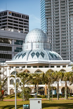 Modern mosque with glass dome surrounded by buildings