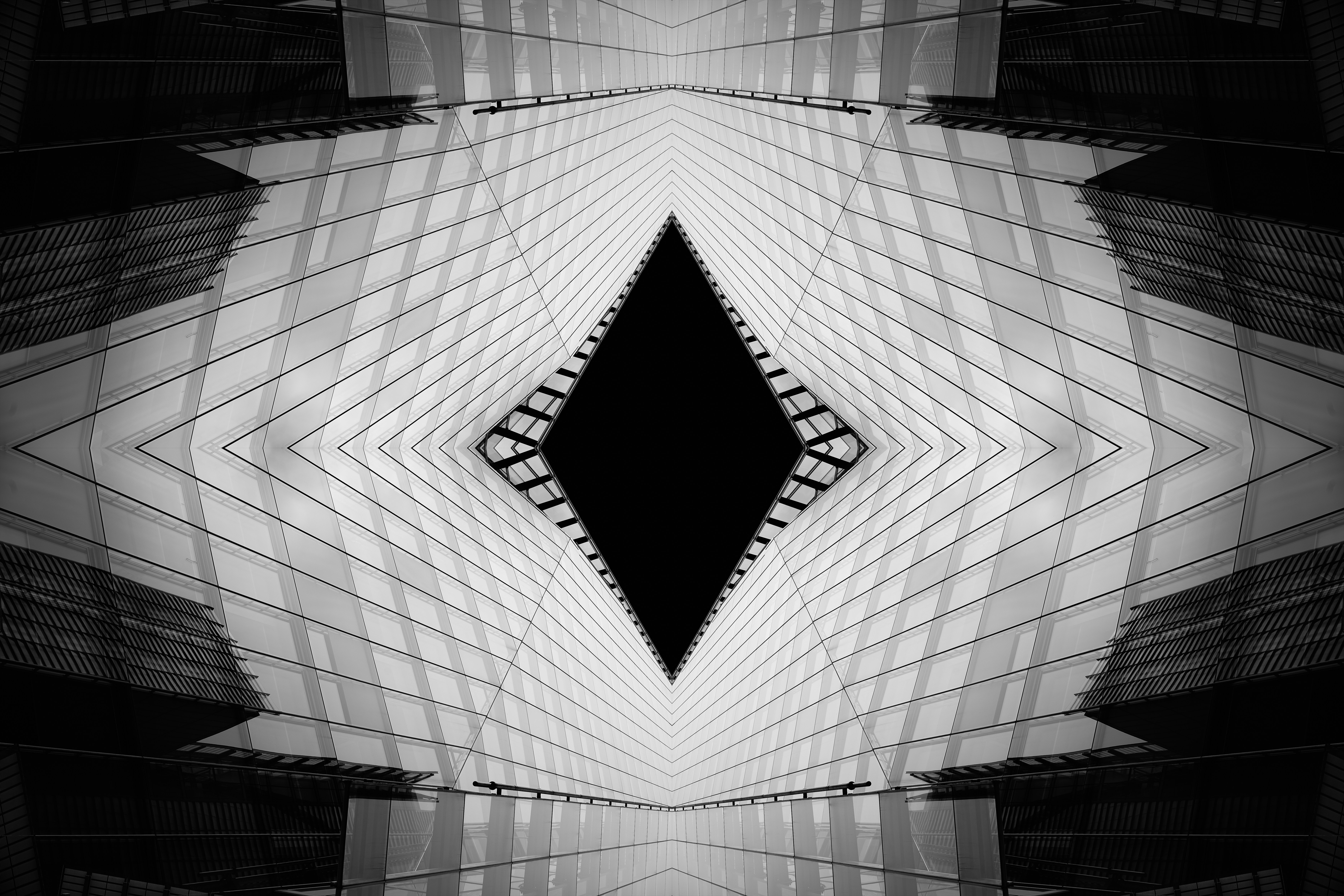Symmetrical abstract architectural pattern with dark diamond center