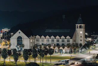 Historic building with tower at night
