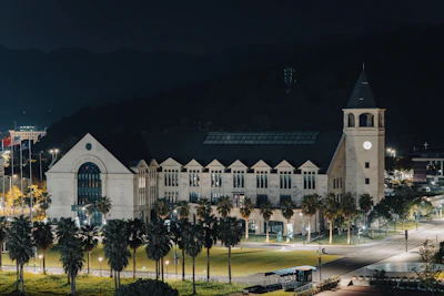 Historic building with tower at night