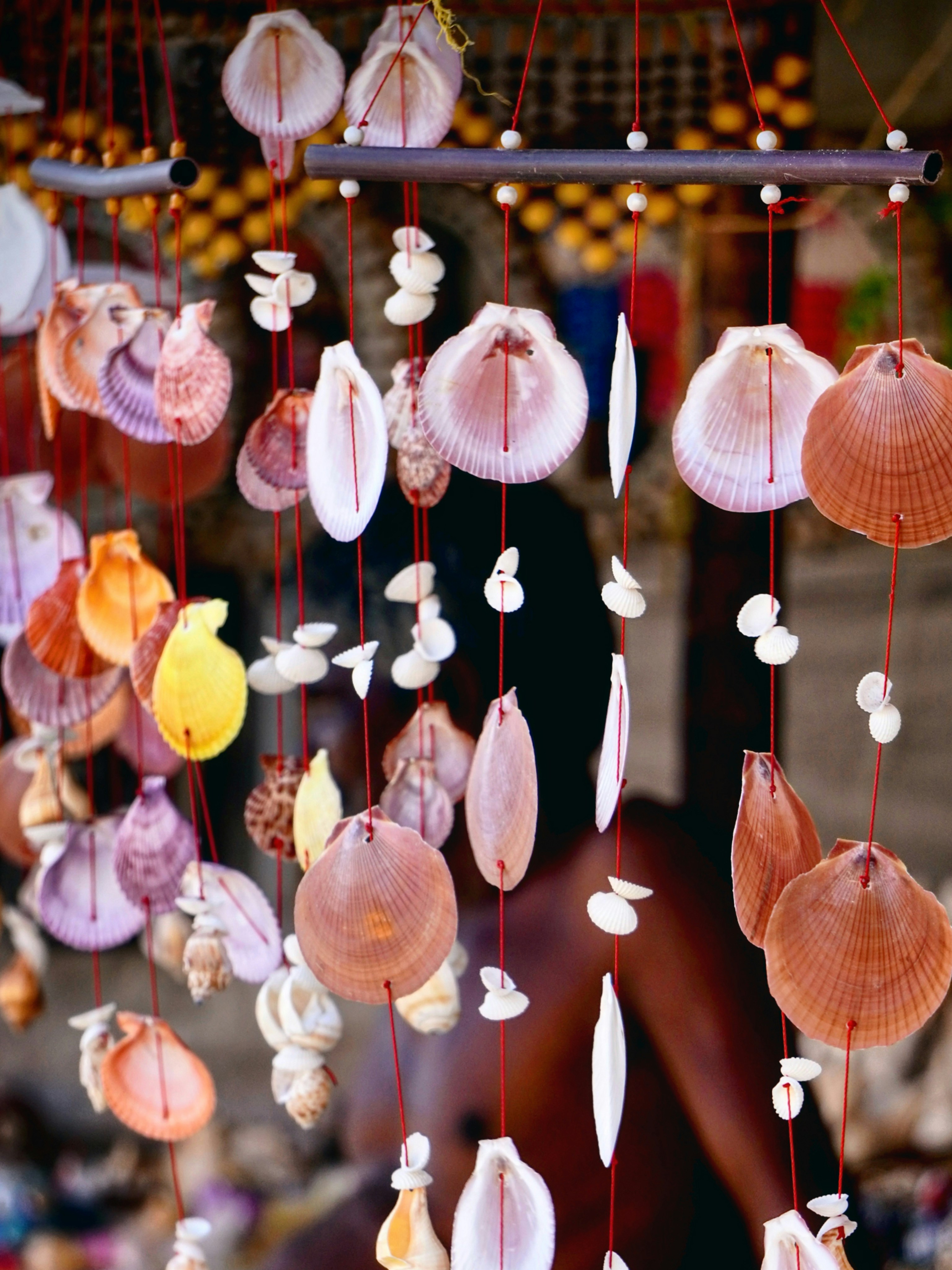 Seashells and beads hanging on red strings