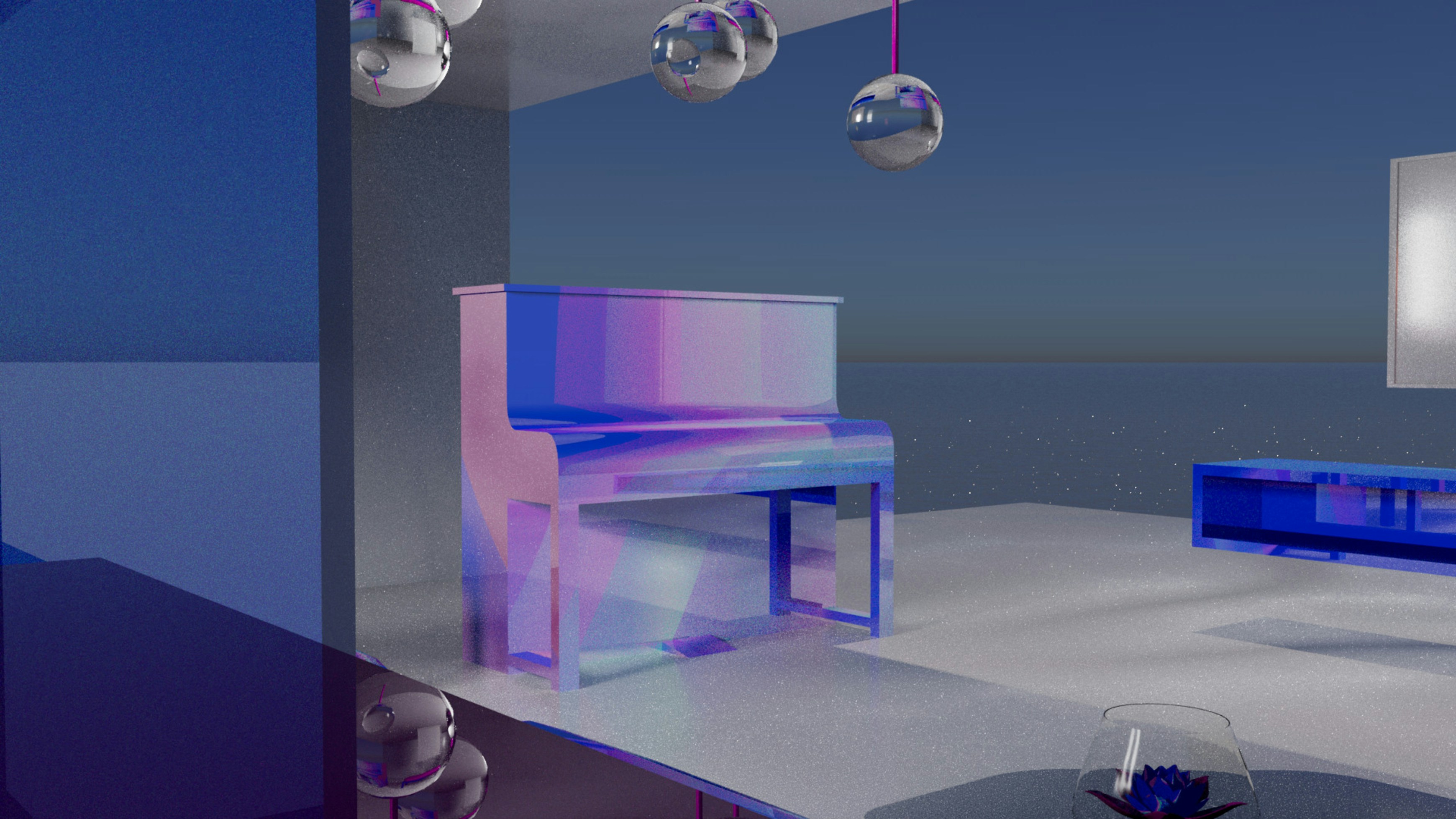 A piano in a room with disco balls