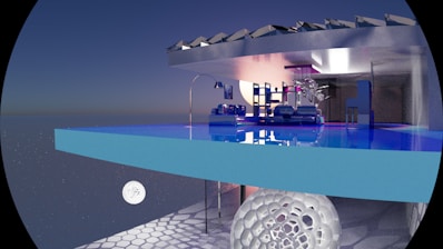 Modern luxury home with infinity pool at night.