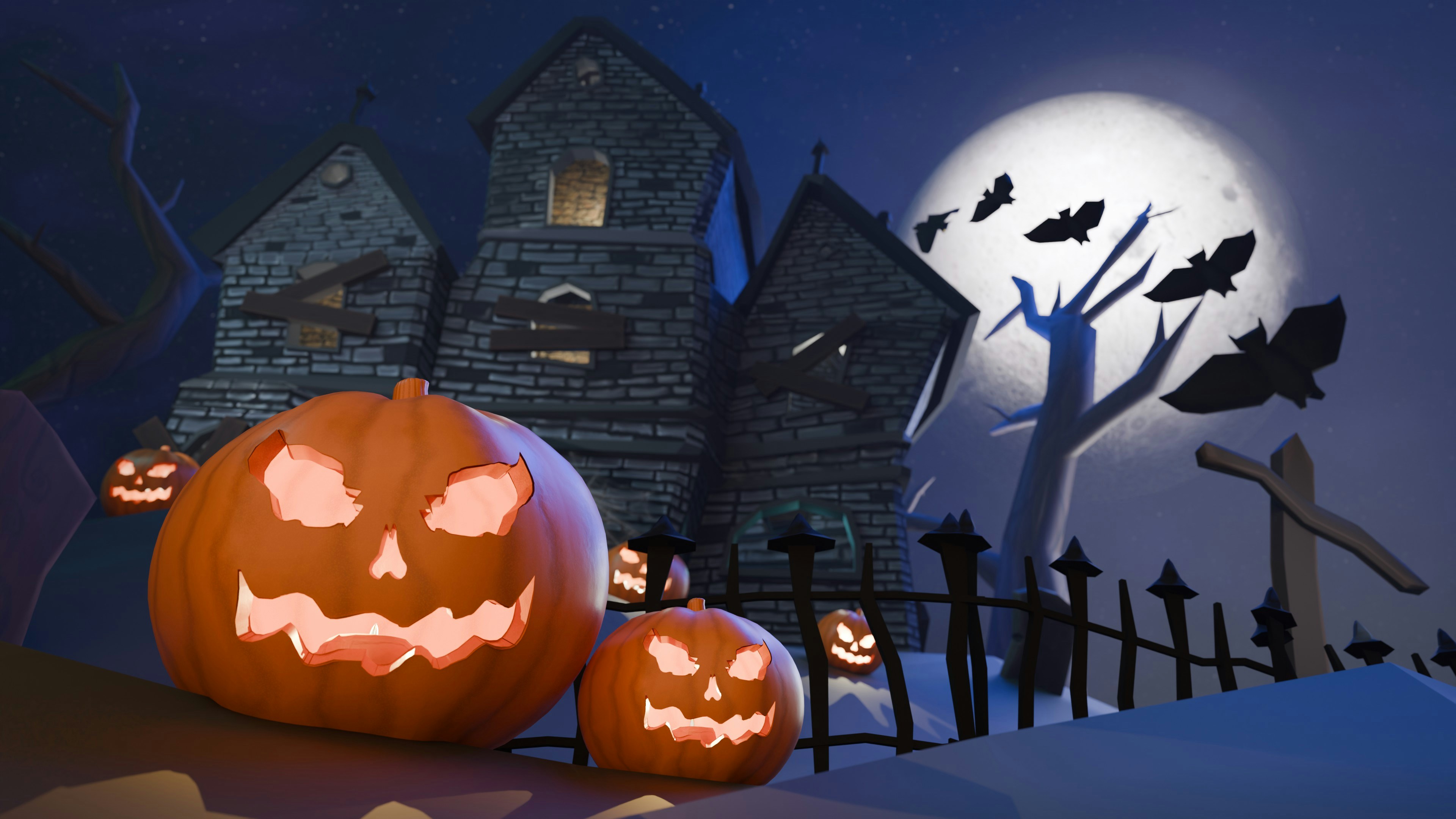 Spooky halloween scene with jack-o'-lanterns and haunted house.