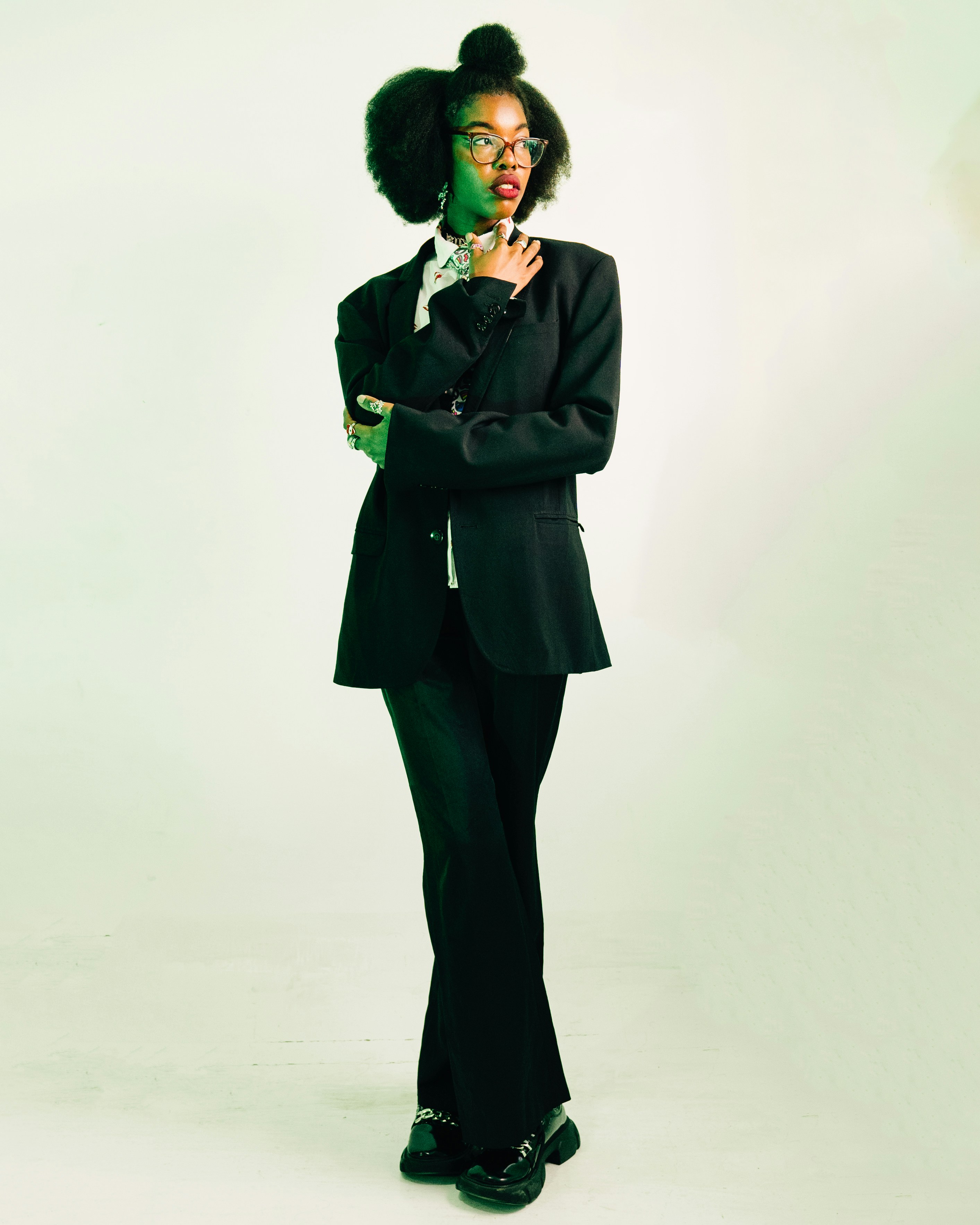 Office wide-leg trousers worn with a matching jacket