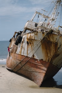 A rusty shipwreck rests on a sandy beach.