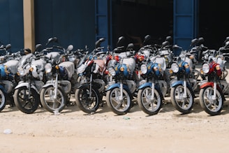 Many motorcycles parked in a row.