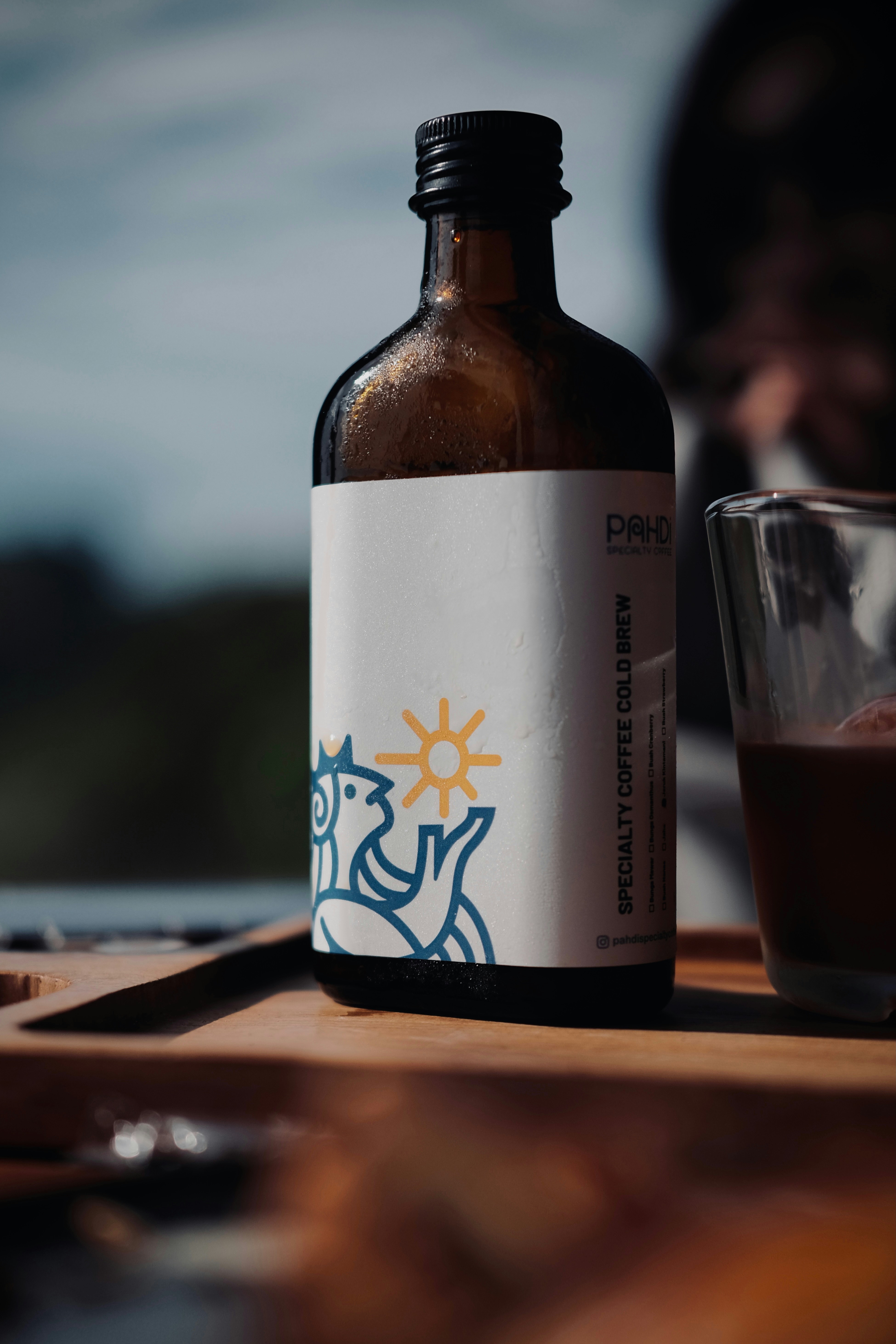 Specialty coffee cold brew in a glass bottle.