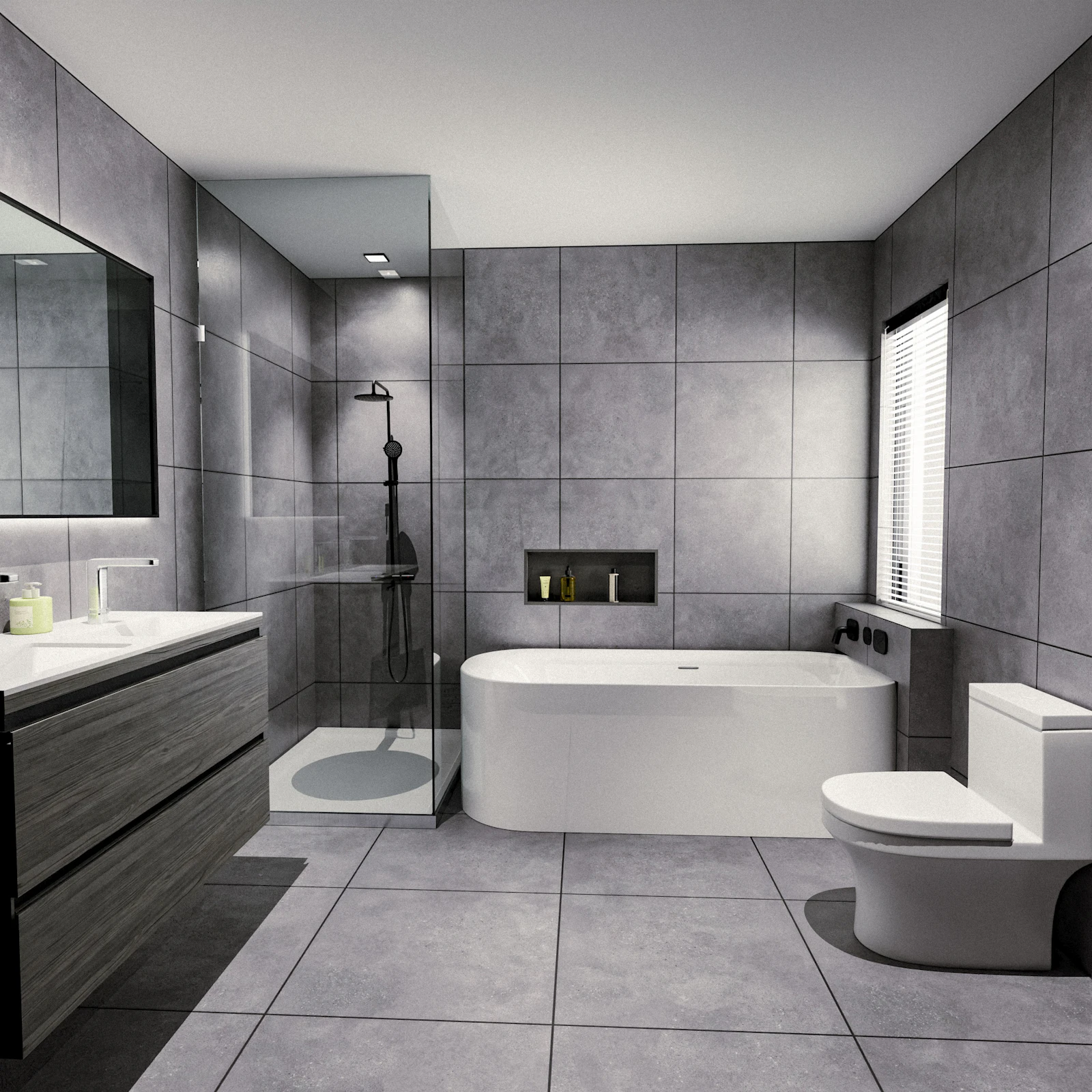 A bathroom with a bathtub, a shower and a vanity unit