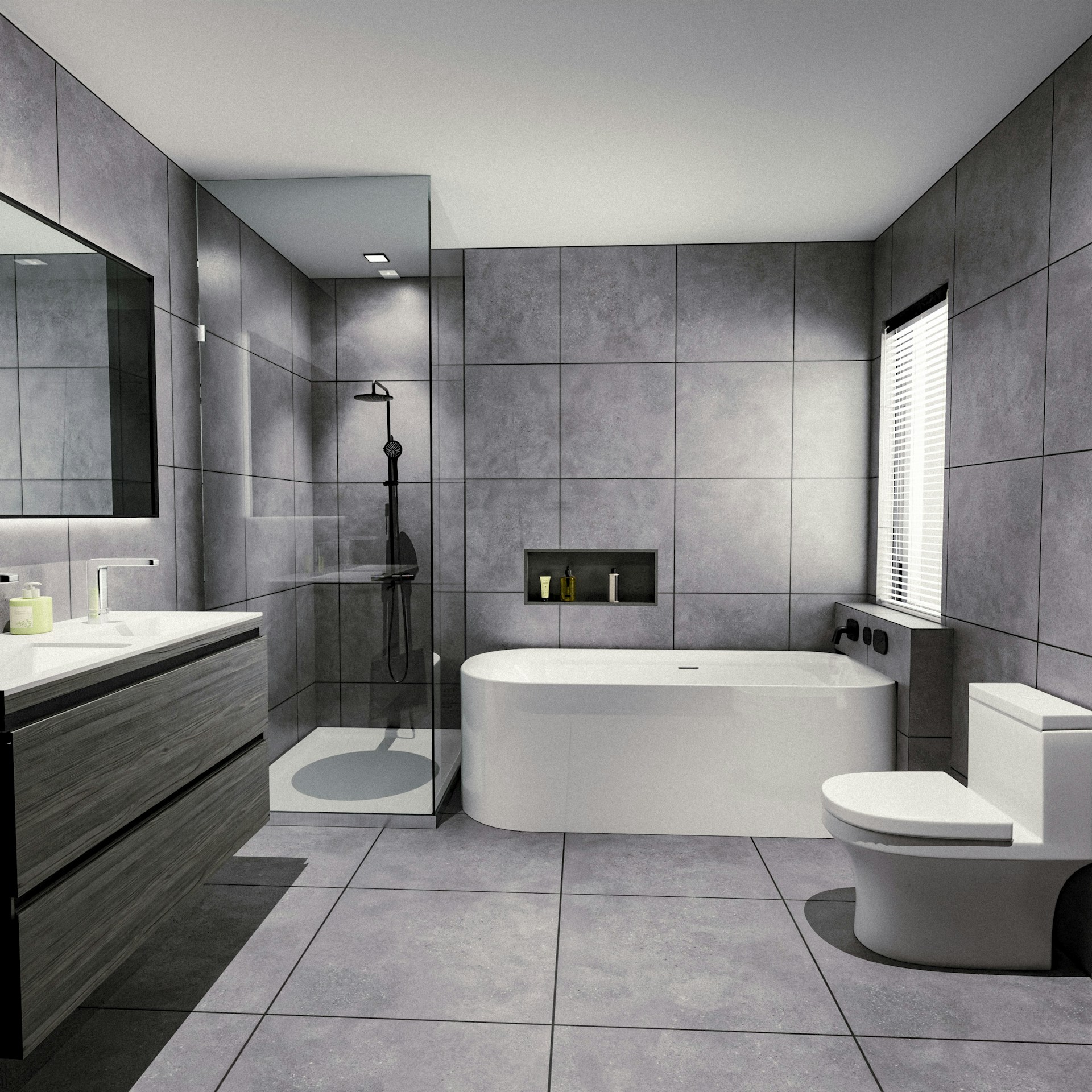 Modern bathroom with bathtub, shower, and vanity.