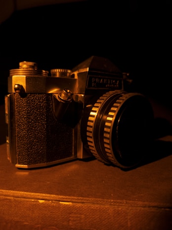 Vintage camera with textured grip and metallic details.