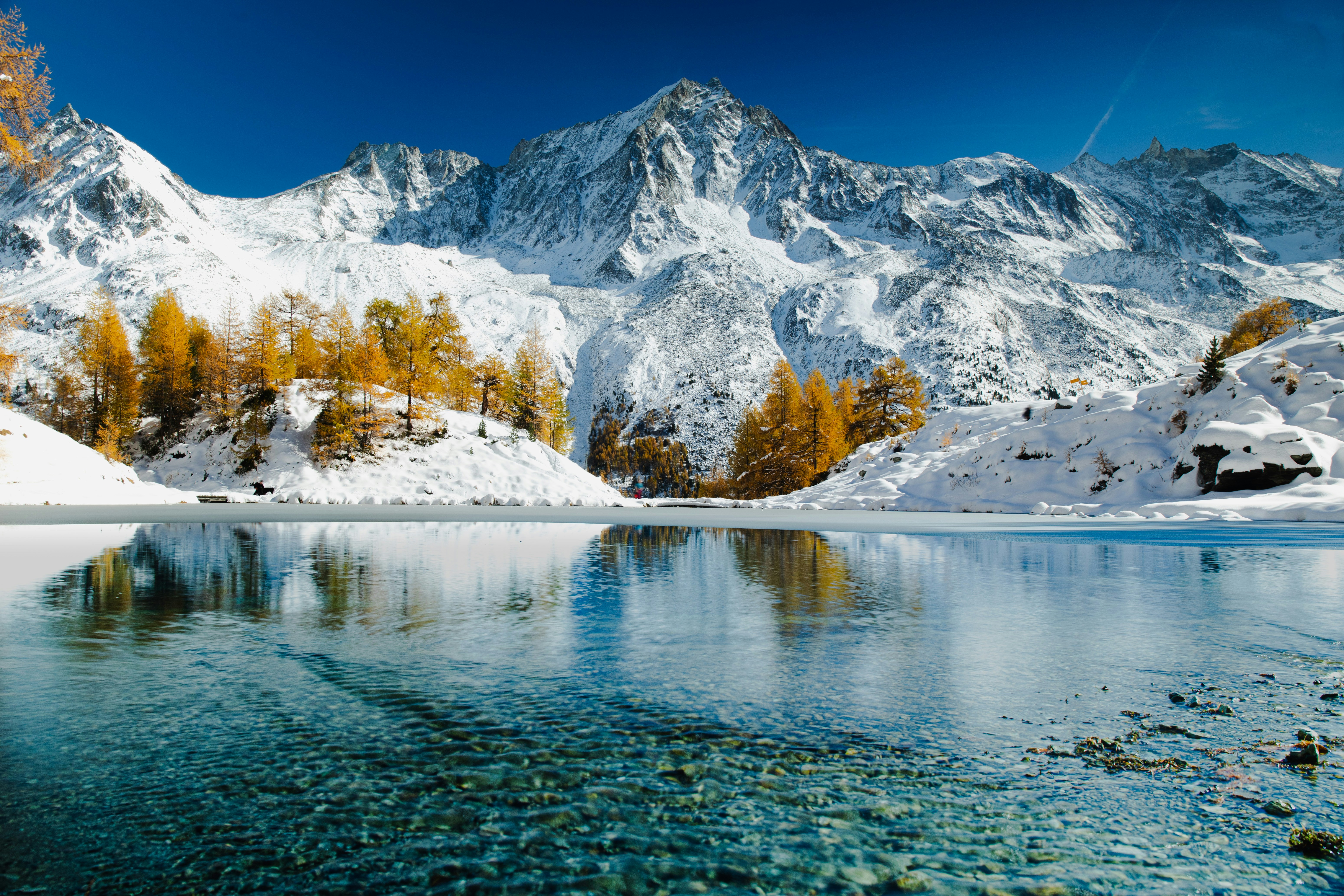 Snowy mountains reflect in a clear mountain lake.