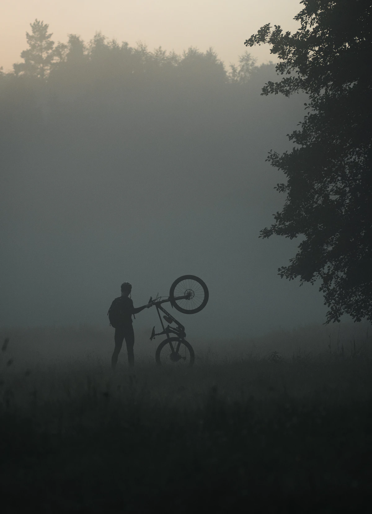 Cyclist with a bicycle in a misty rural landscape