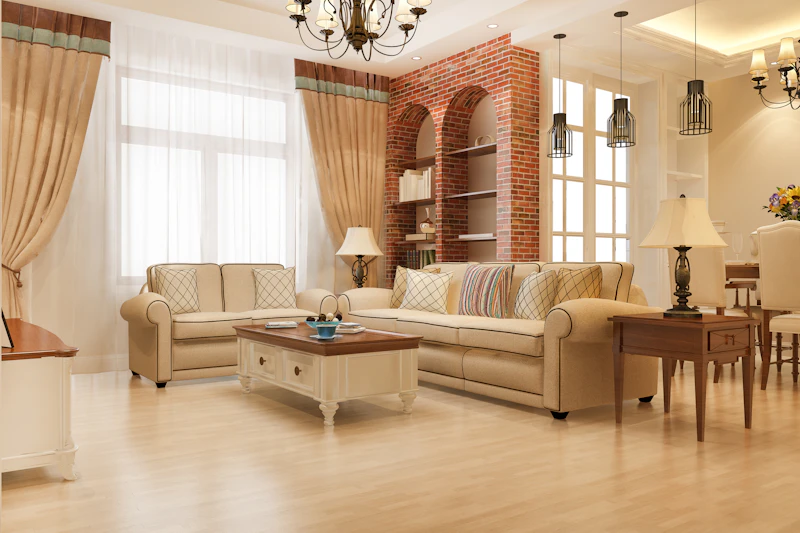 Elegant living room with plush sofas and a brick accent wall