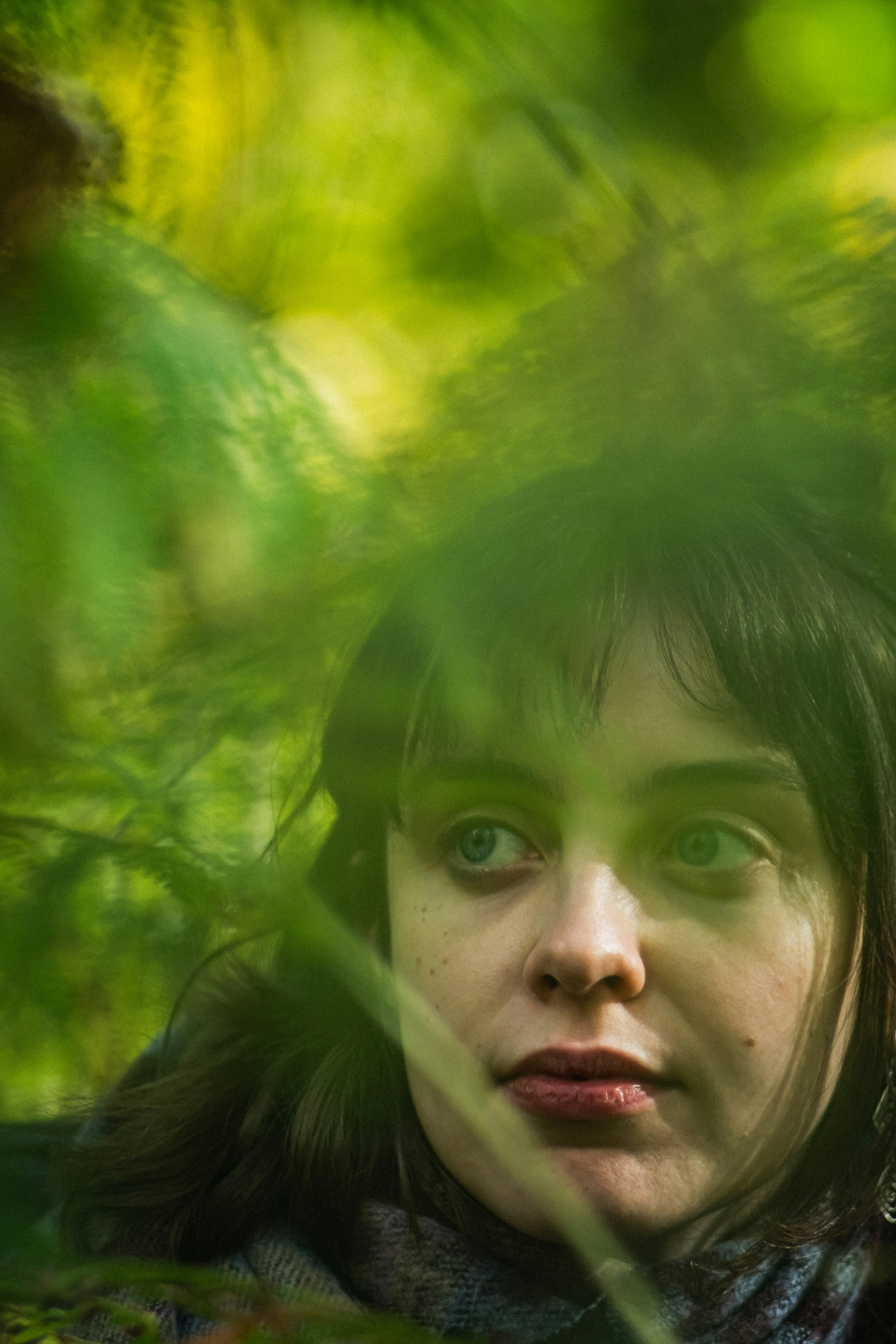 Woman's face peeking through green foliage