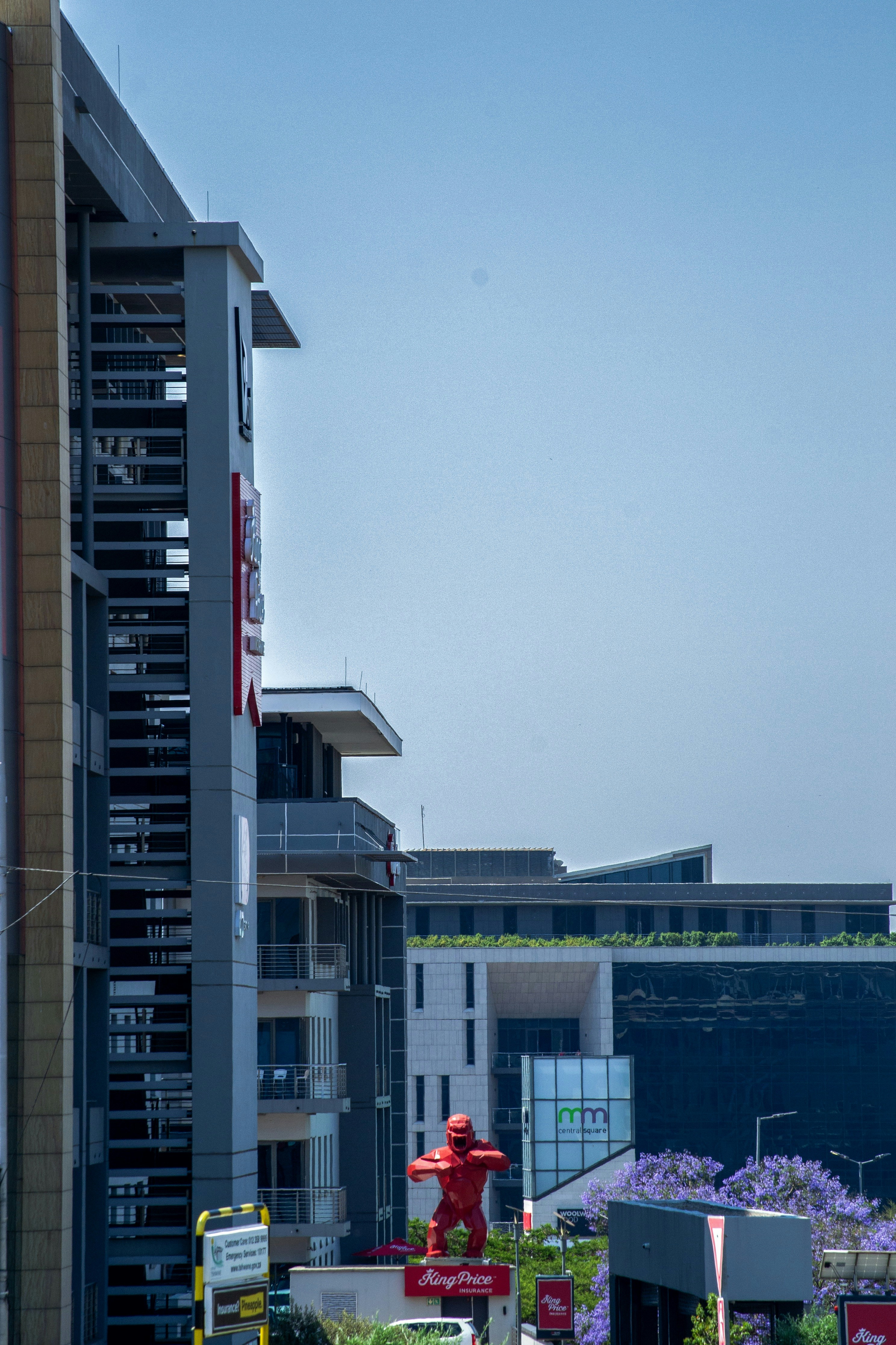 Modern buildings with a red gorilla statue.