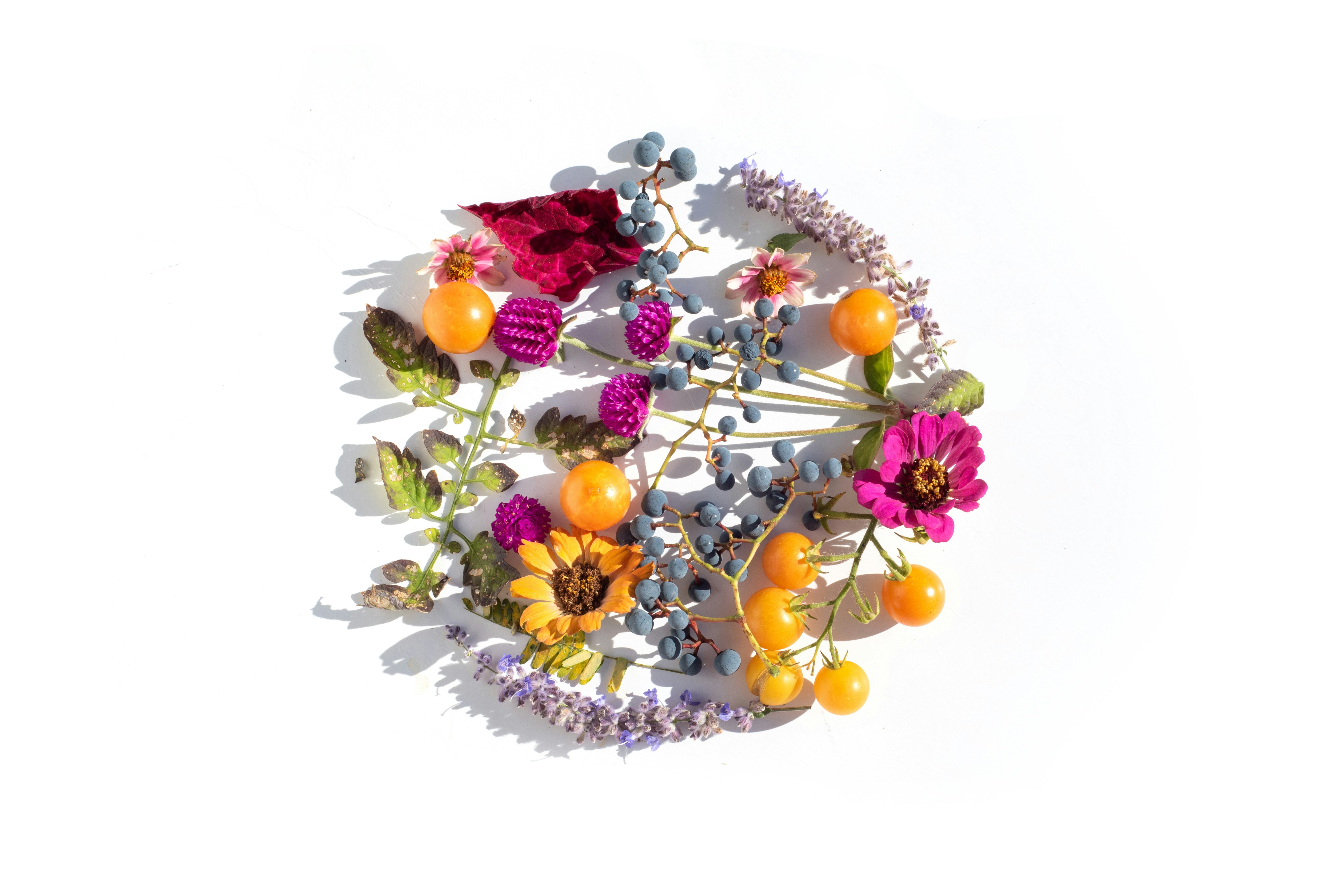 Round floral arrangement with berries and flowers