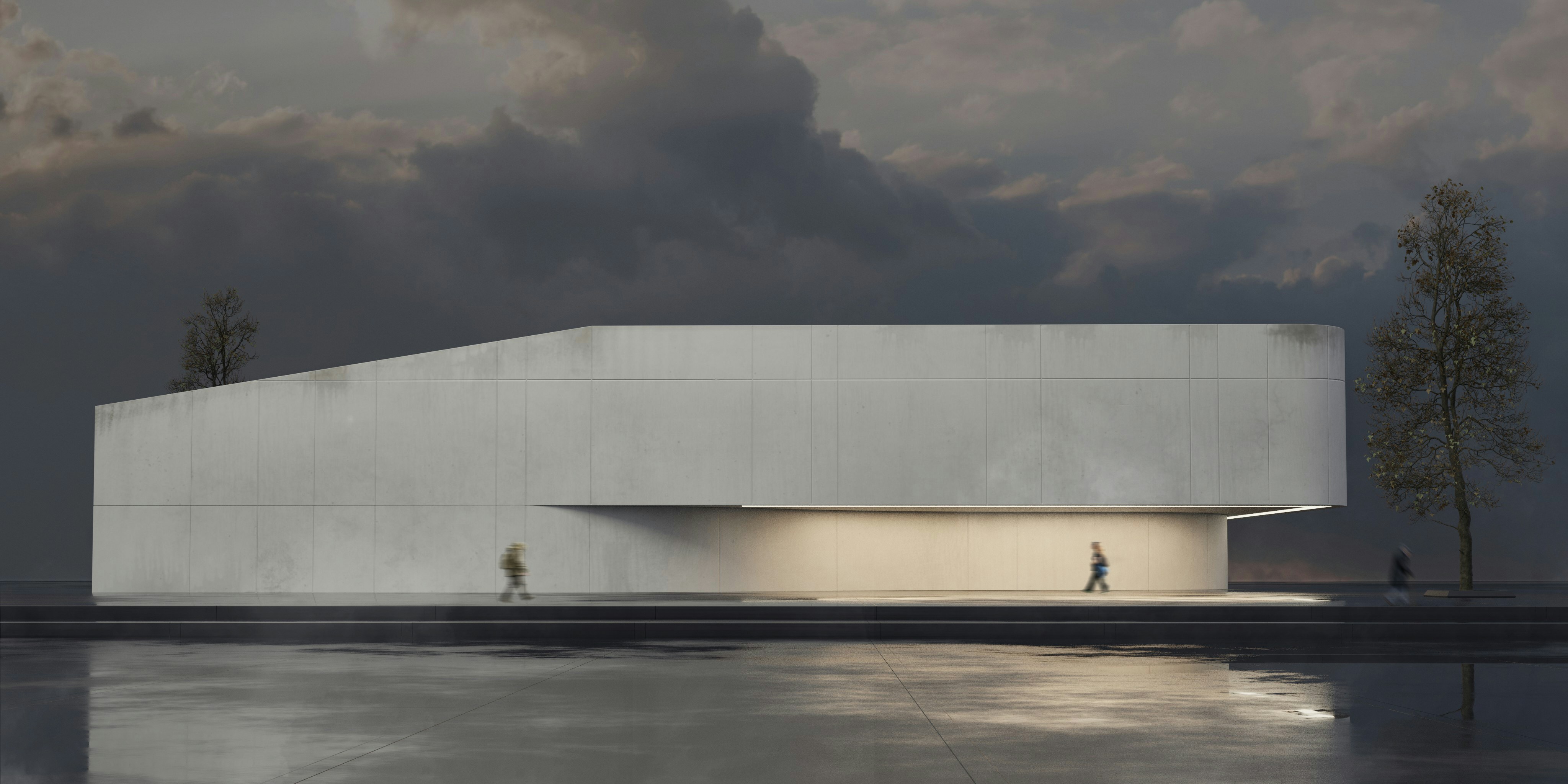 Modern building with people walking by the water.