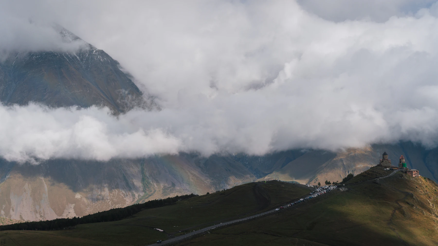 Gergeti Trinity Church in the Caucasus mountains near Kazbegi, Georgia