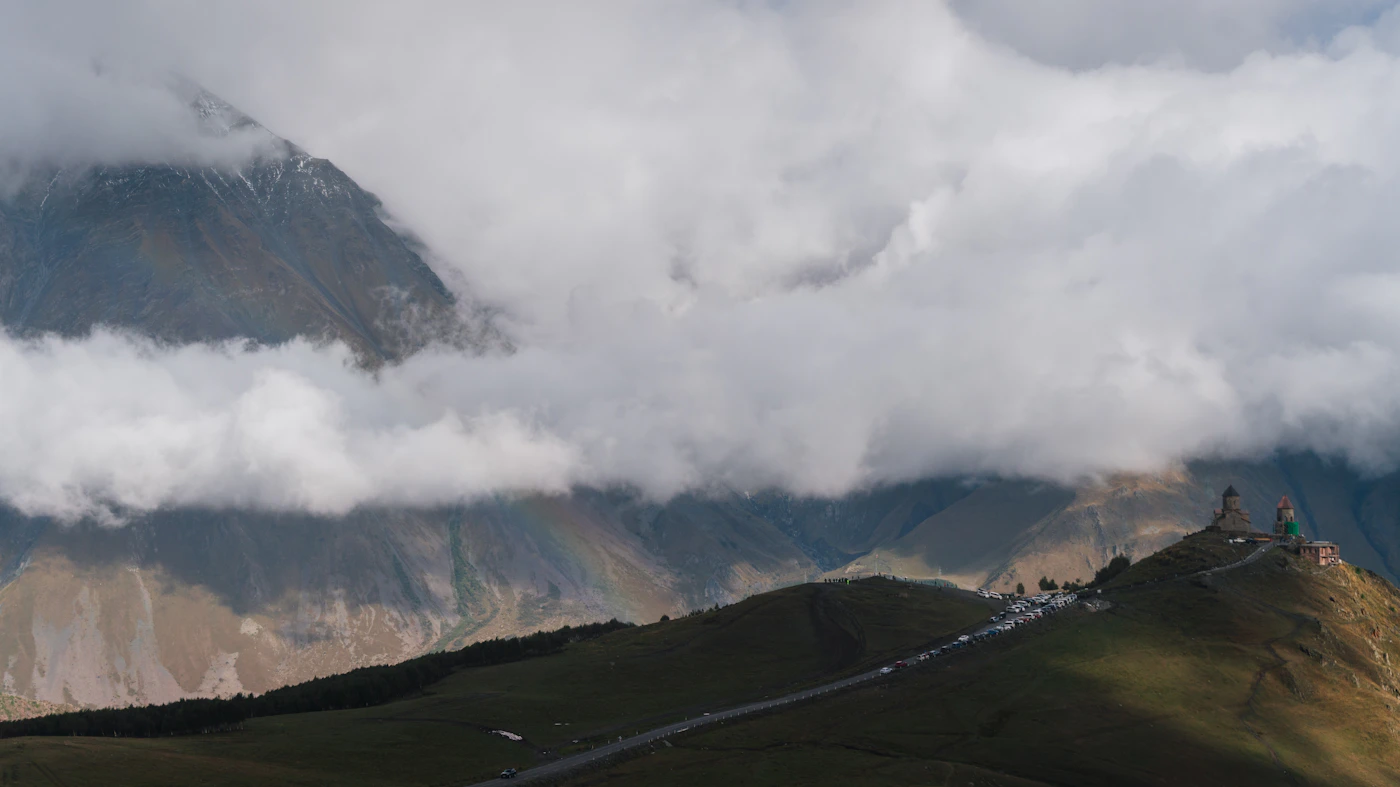 Gergeti Trinity Church in the Caucasus mountains near Kazbegi, Georgia