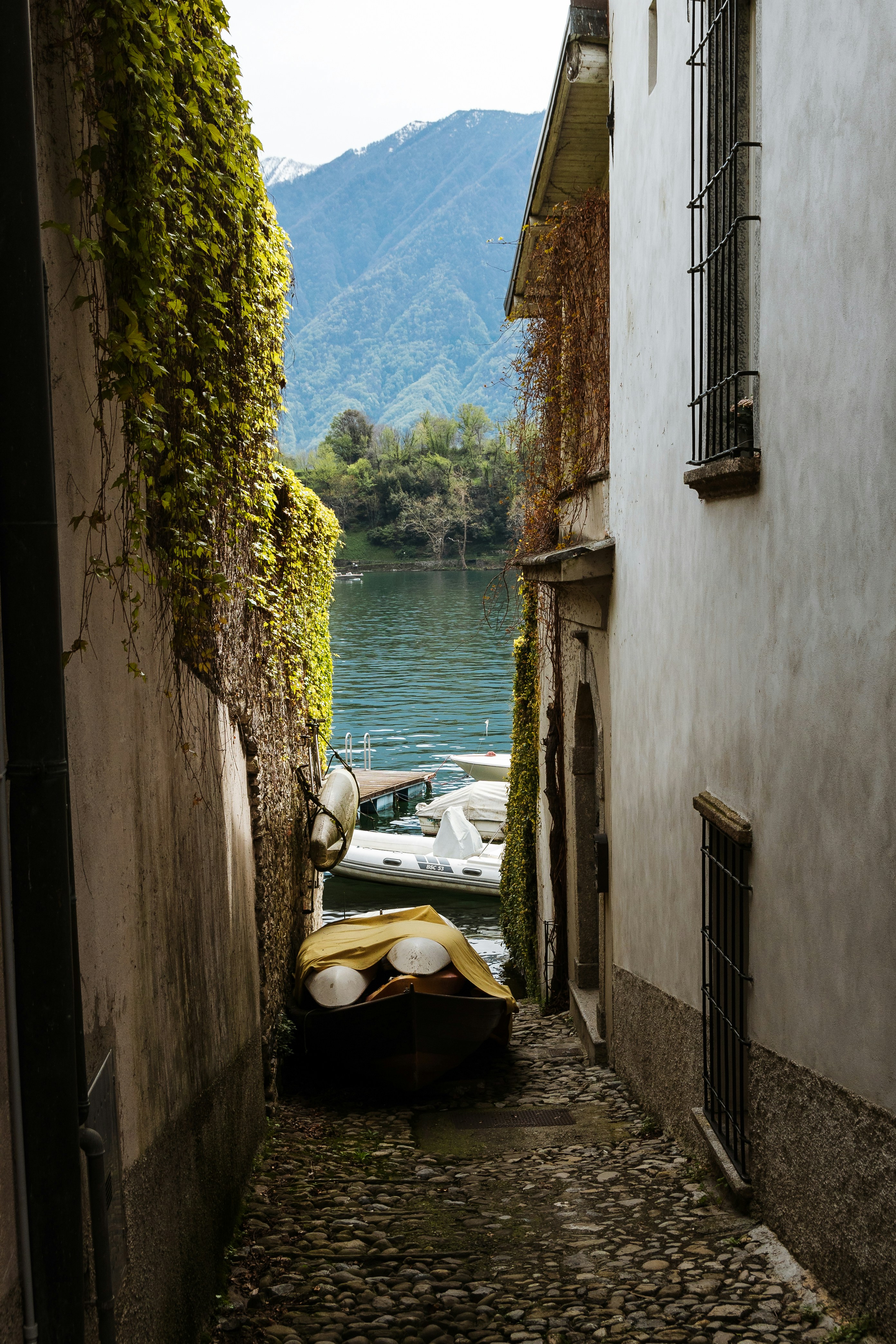 Narrow cobblestone alleyway leading to a lake.