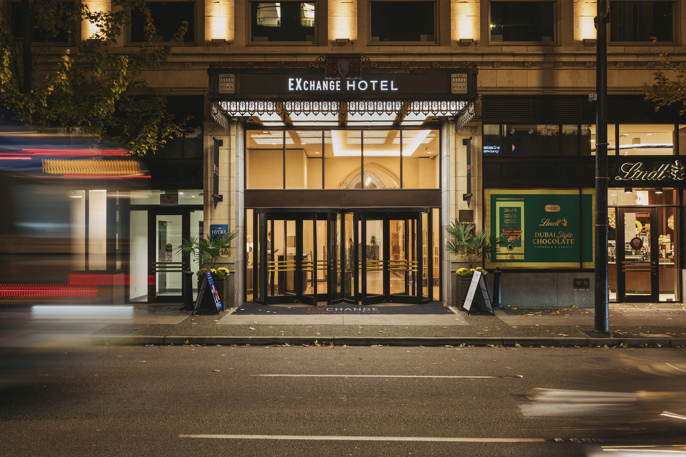Elegant hotel entrance at night