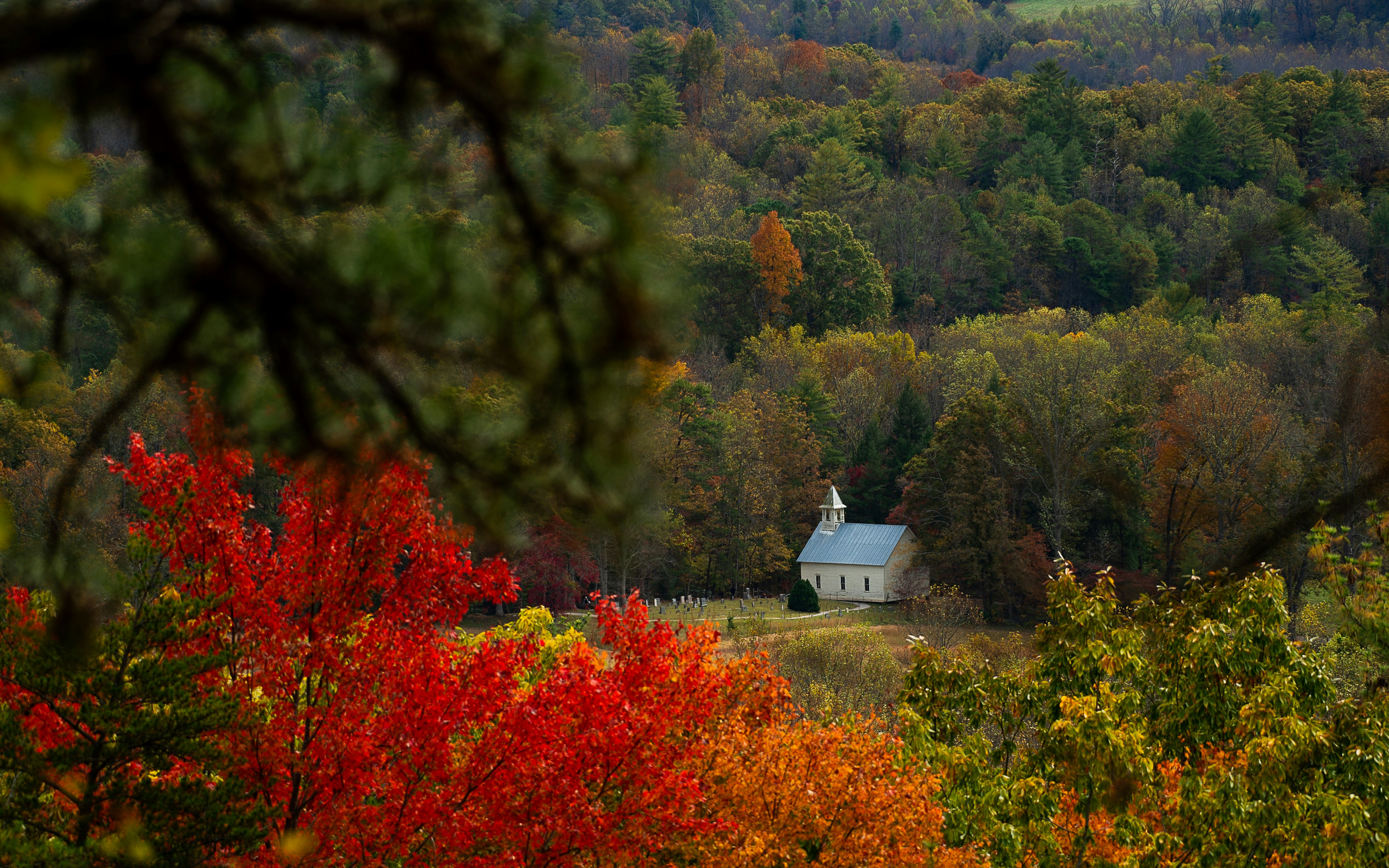 Small white church nestled among autumn trees