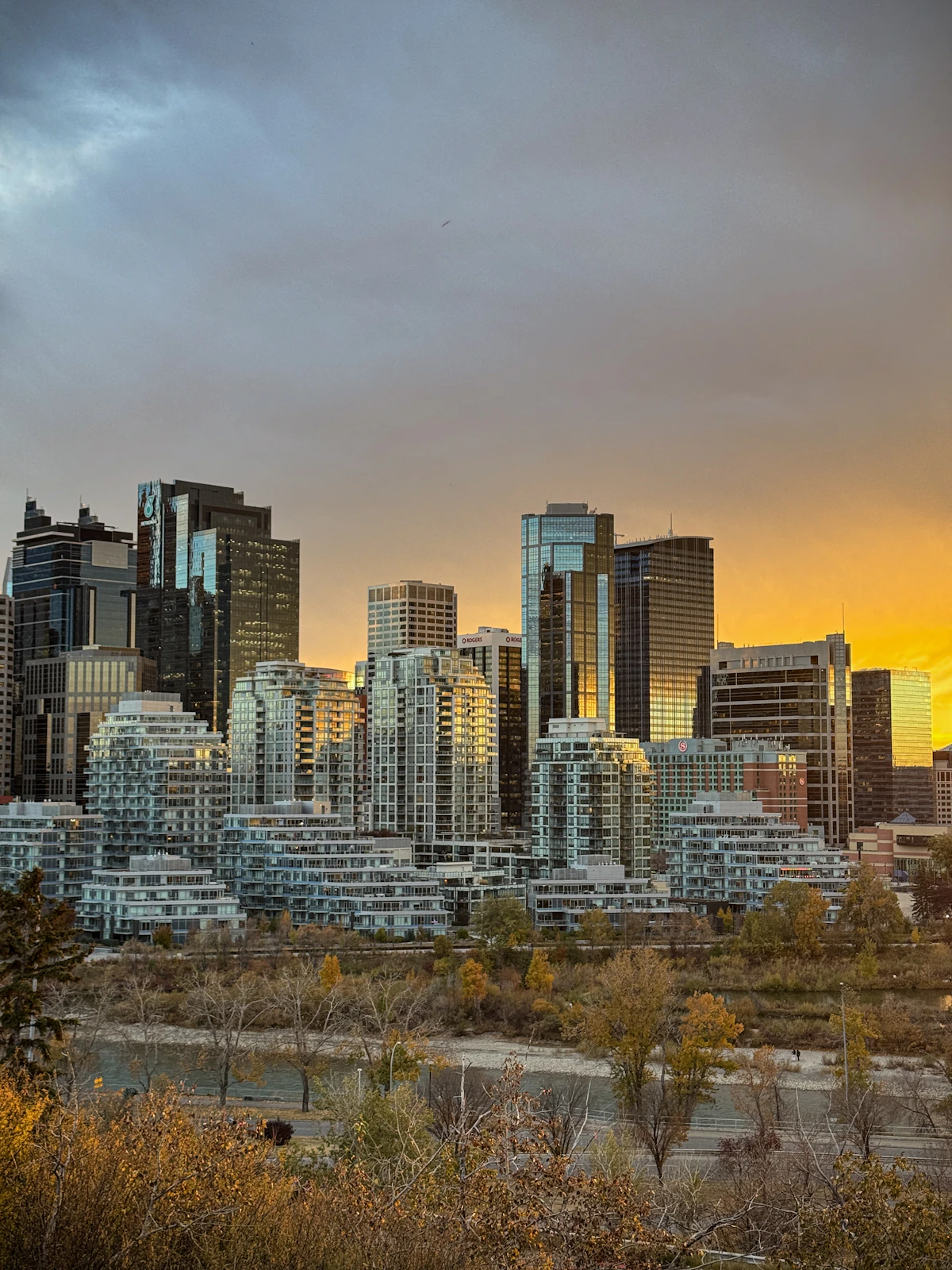 City skyline with skyscrapers at sunset