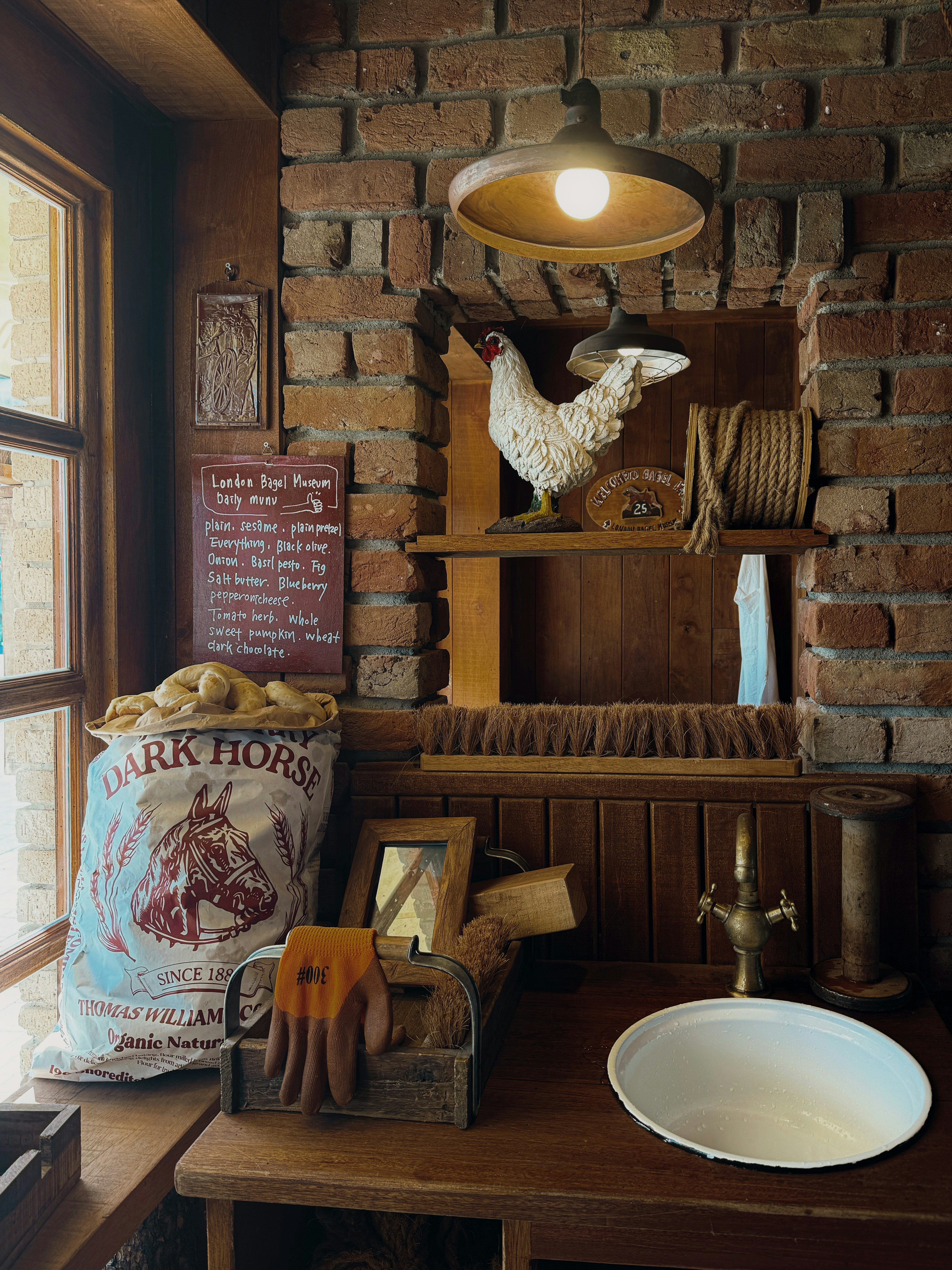 Rustic kitchen counter with sink and vintage items