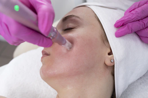 Woman receiving microneedling facial treatment.