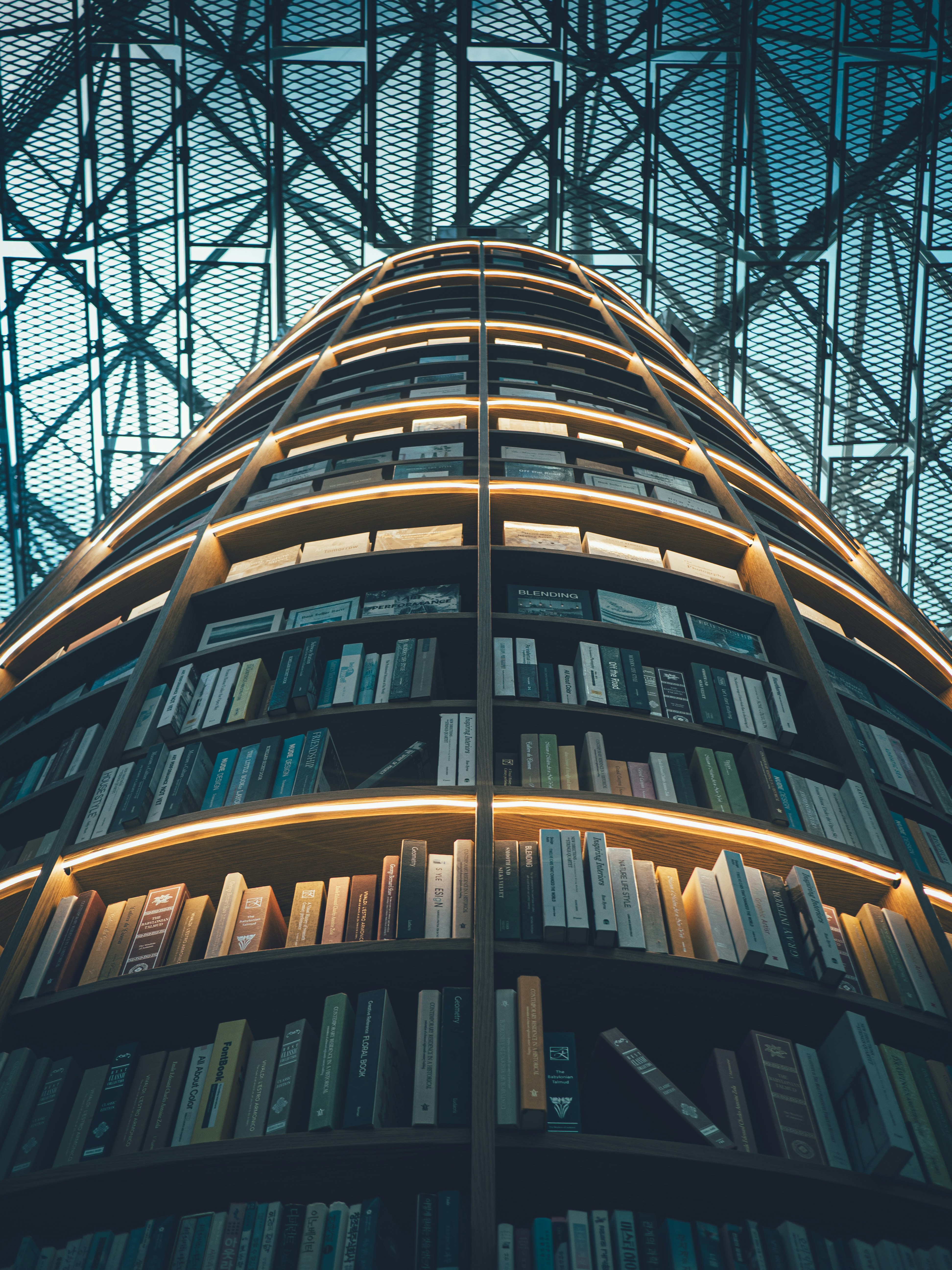 Hohes, geschwungenes Bücherregal, gefüllt mit Büchern unter einer Glasdecke.