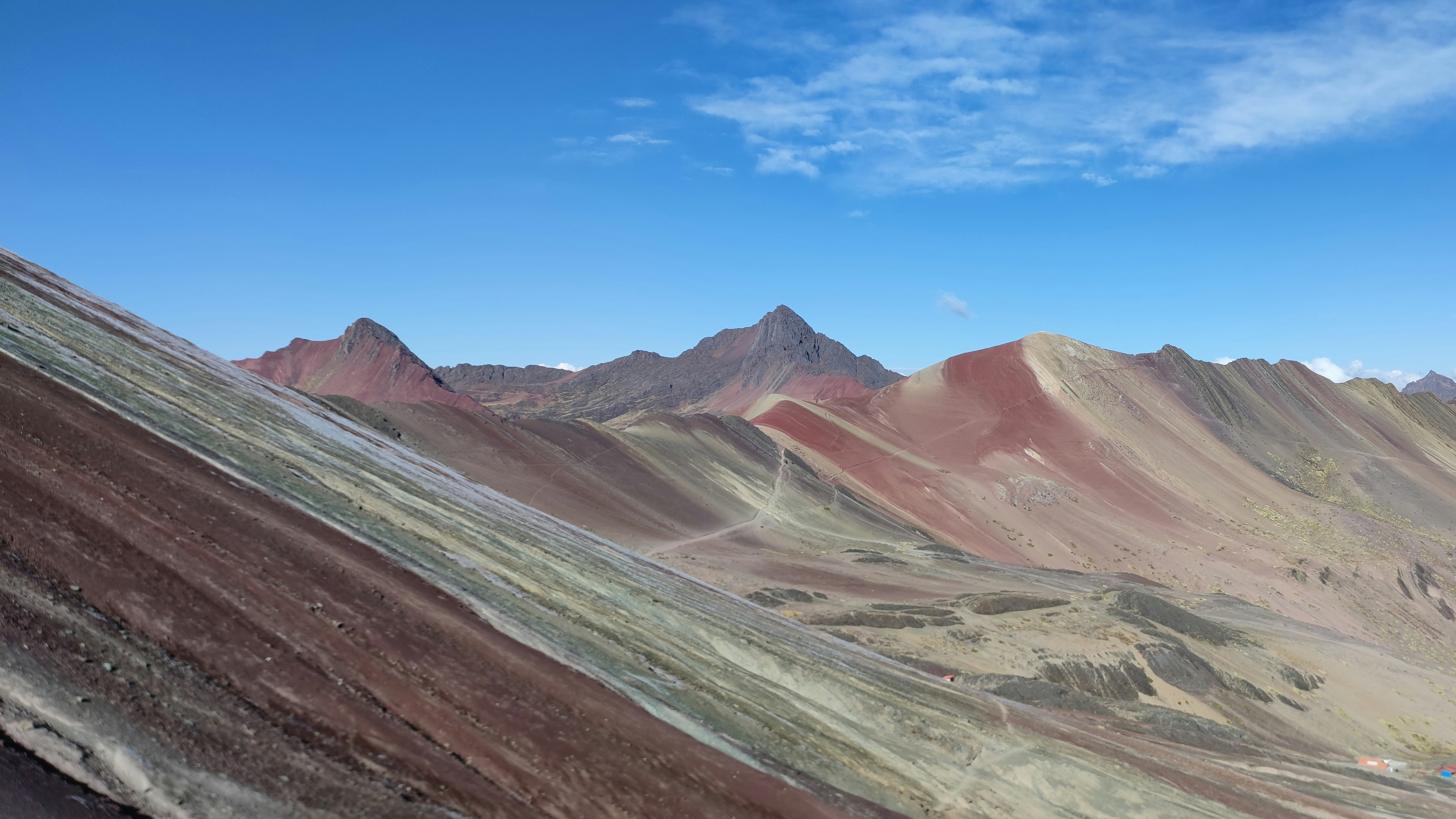 Colorful striped mountains under a blue sky