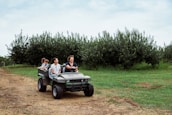 Family riding in a utility vehicle through a field.