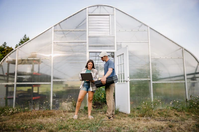 Two people working with a laptop outside greenhouse