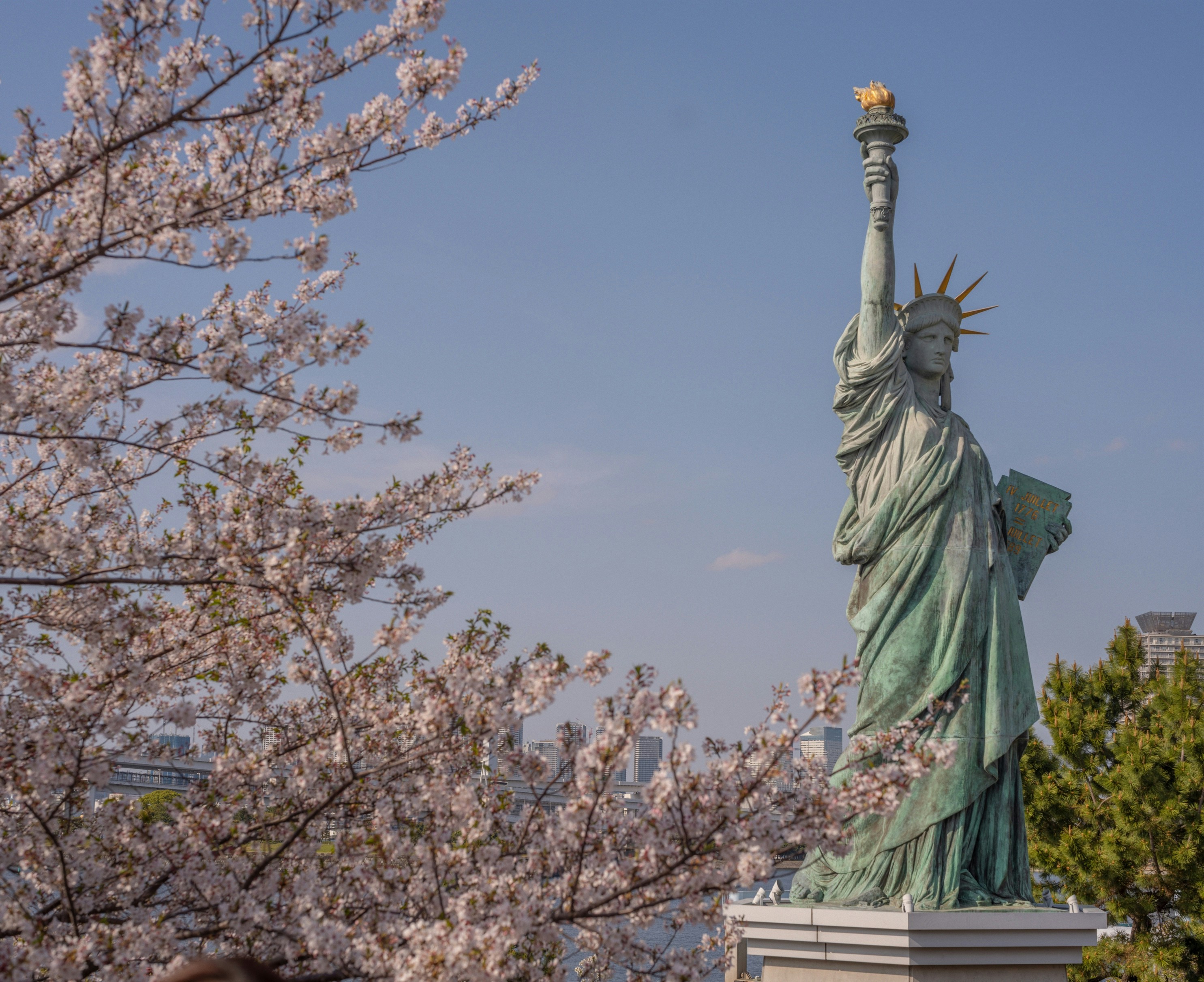 Statue of liberty with blooming cherry blossoms