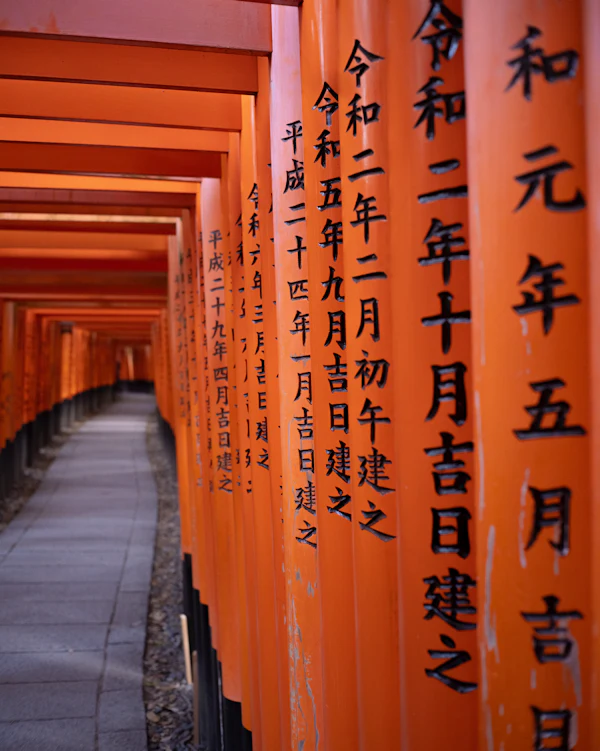 Thousands of vermilion torii gates forming a glowing tunnel up the wooded slope of Mount Inari at Fushimi Inari Taisha, Kyoto, in early morning light