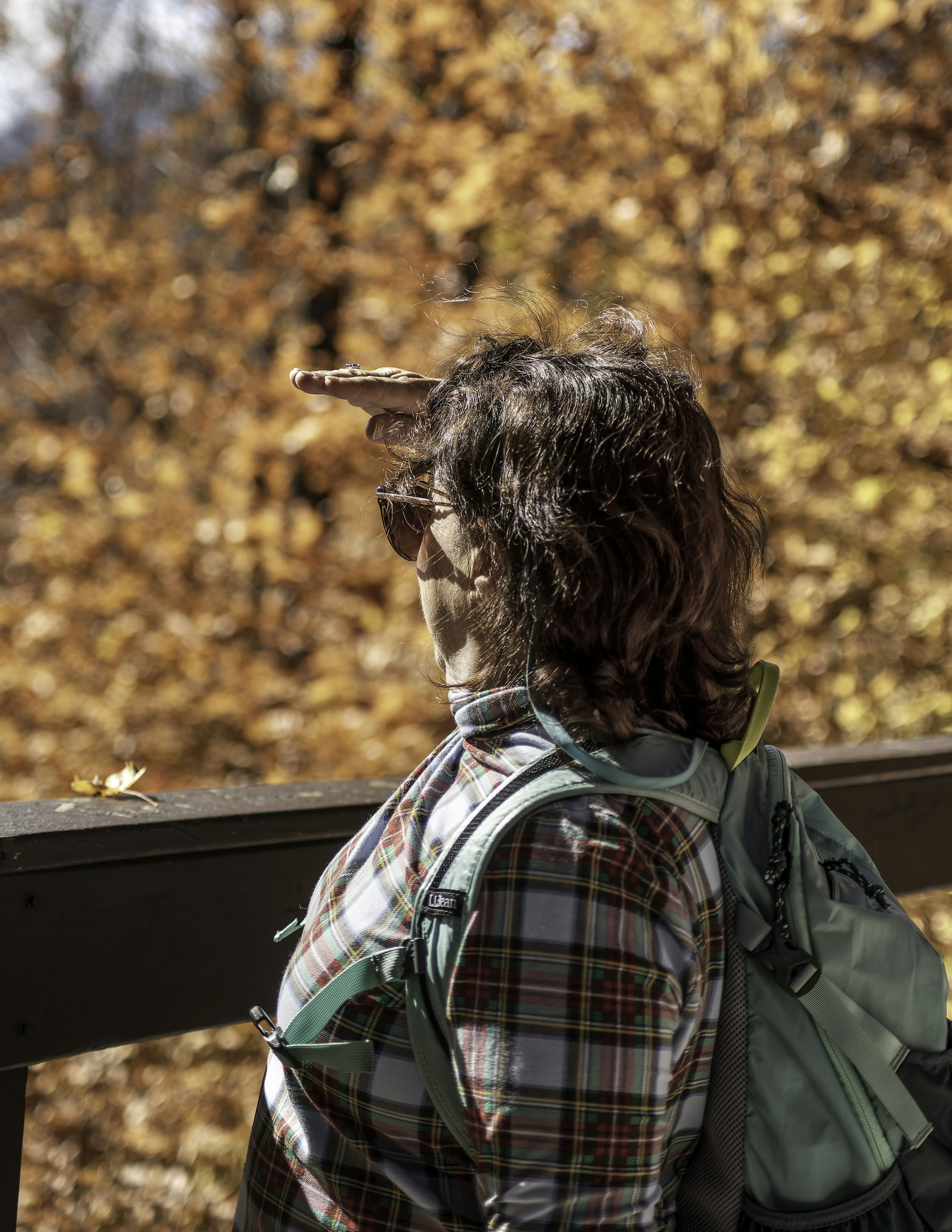 Woman shielding eyes on a scenic autumn day